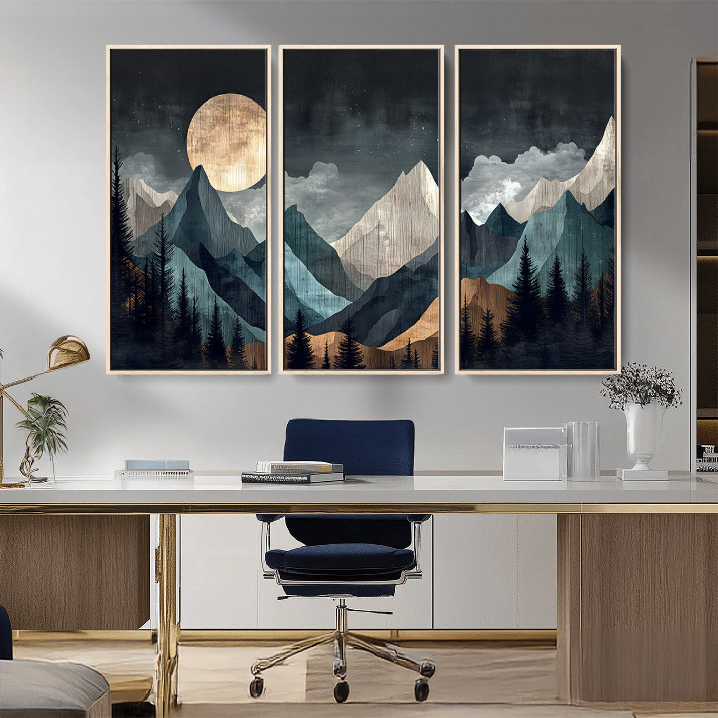 11060882-MGV-CV-36X24-Moonlit Mountain Wall Art Canvas Print – Silhouetted Pines Layered Peaks Tranquil Sky Mist Silver Light Nature Artwork for Home