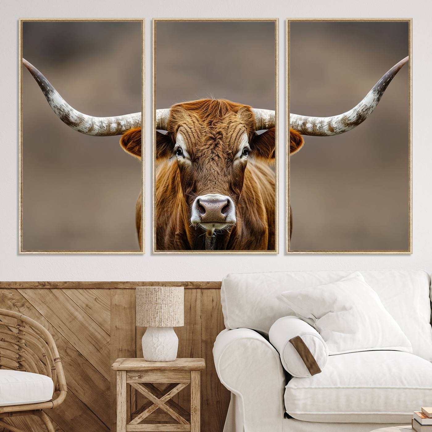 -Texas Longhorn Wall Art Canvas Print, Framed Brown Bull Art Picture Print, Lone Cattle Perfect