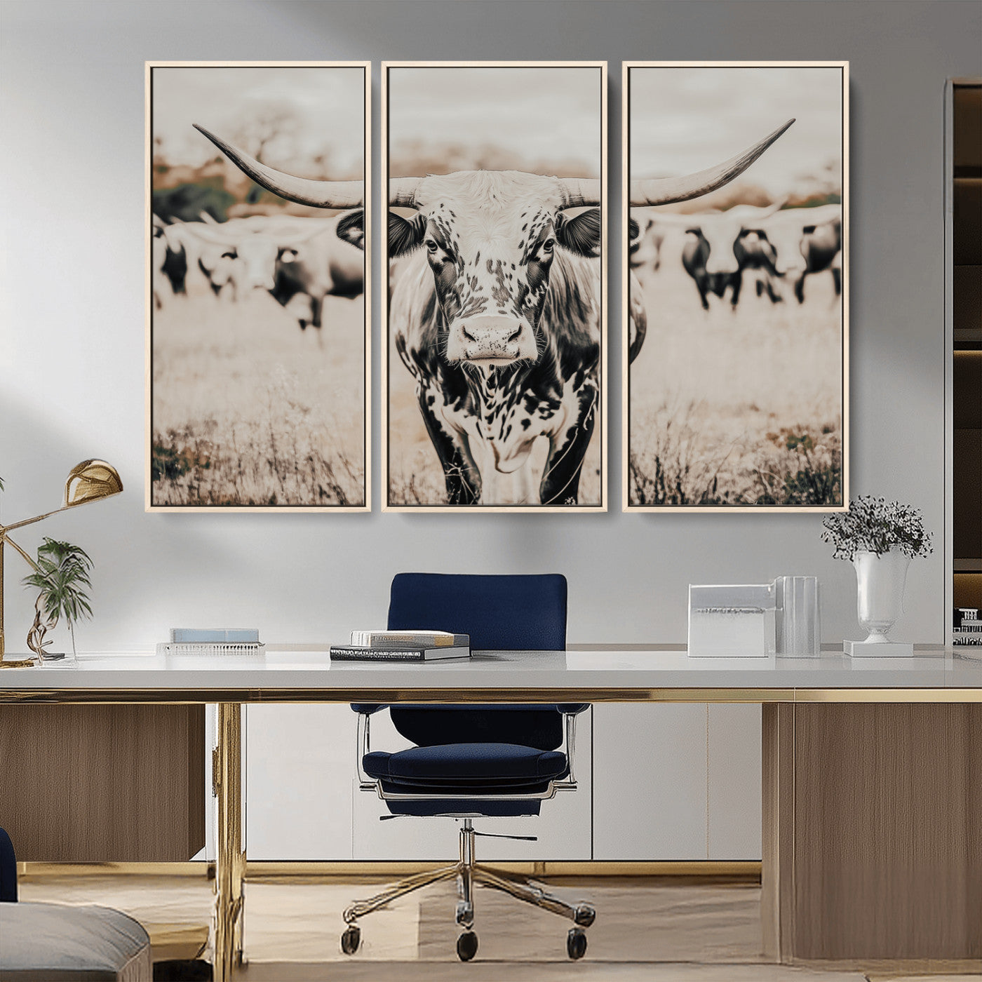 -Texas Longhorn Wall Art Canvas Print, Framed Speckled Cow Art Picture Print, Horned Cattle Perfect Rustic Western Decor Artwork
