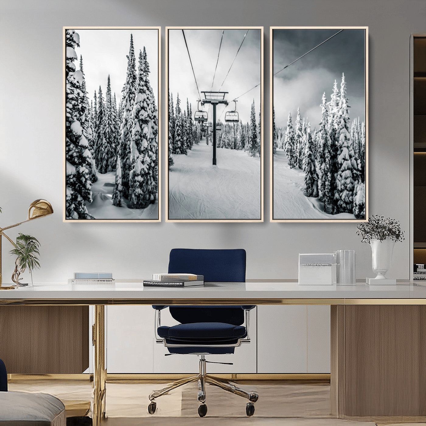 31156828-MGV-CV-36X24-Snowy Pines Wall Art Canvas Print – Framed Ski Lift Winter Forest Snowy Landscape Moody Lodge Artwork for Home, Office
