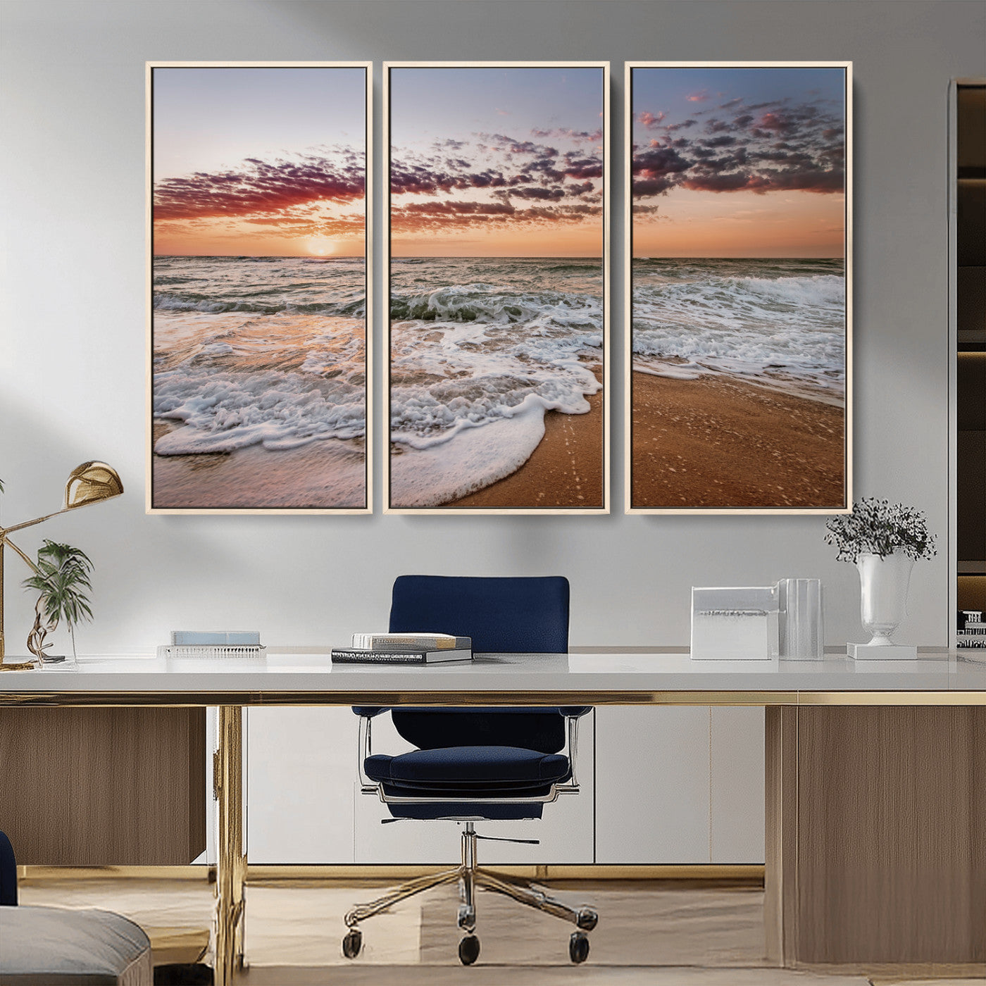 39846389-MGV-CV-36X24-Ocean Sunset Wall Art Canvas Print – Framed Sandy Shore Gentle Waves Coastal Landscape Minimalist Artwork for Home, Office