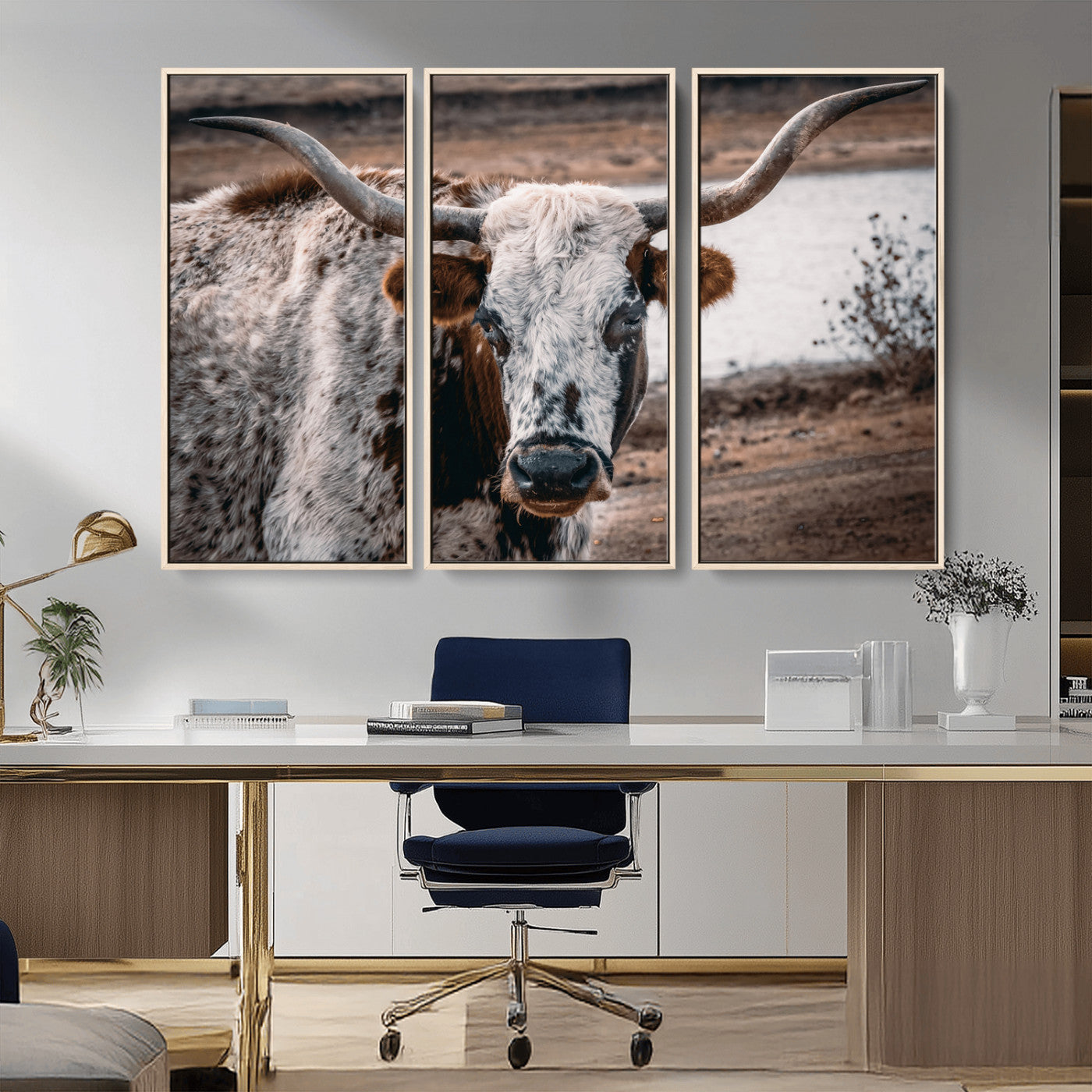 58386760-MGV-FC-48X32-3P_Natural-Texas Longhorn Wall Art Canvas Print, Framed Spotted Cow Art Picture Print, Horned Cattle Perfect Rustic Western Decor Artwork