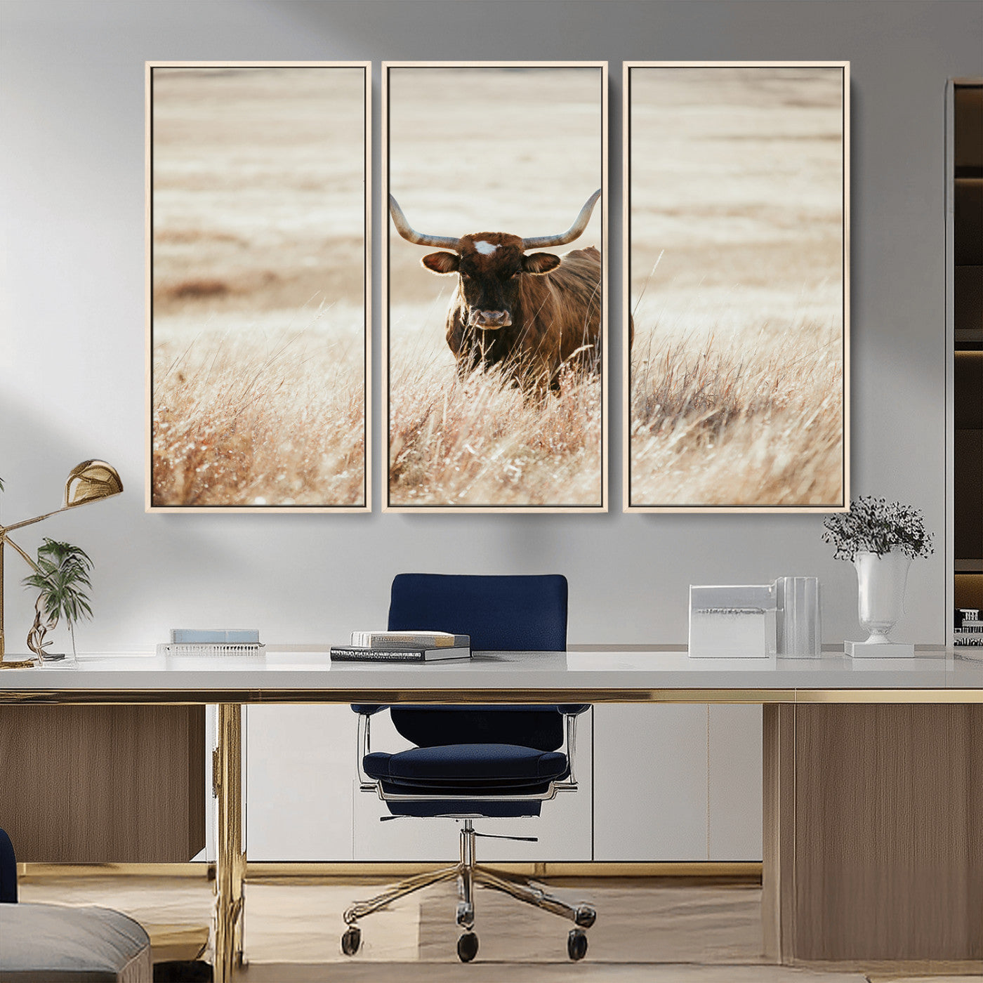 -Texas Longhorn Wall Art Canvas Print, Framed Brown Cattle Art Picture Print, Horned Bull Perfect Rustic Western Decor Artwork