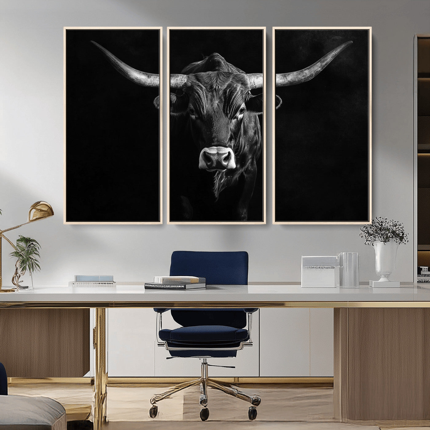 -Texas Longhorn Wall Art Canvas Print, Framed Monochrome Bull Art Picture Print, Horned Bull Perfect Rustic Western Decor Artwork