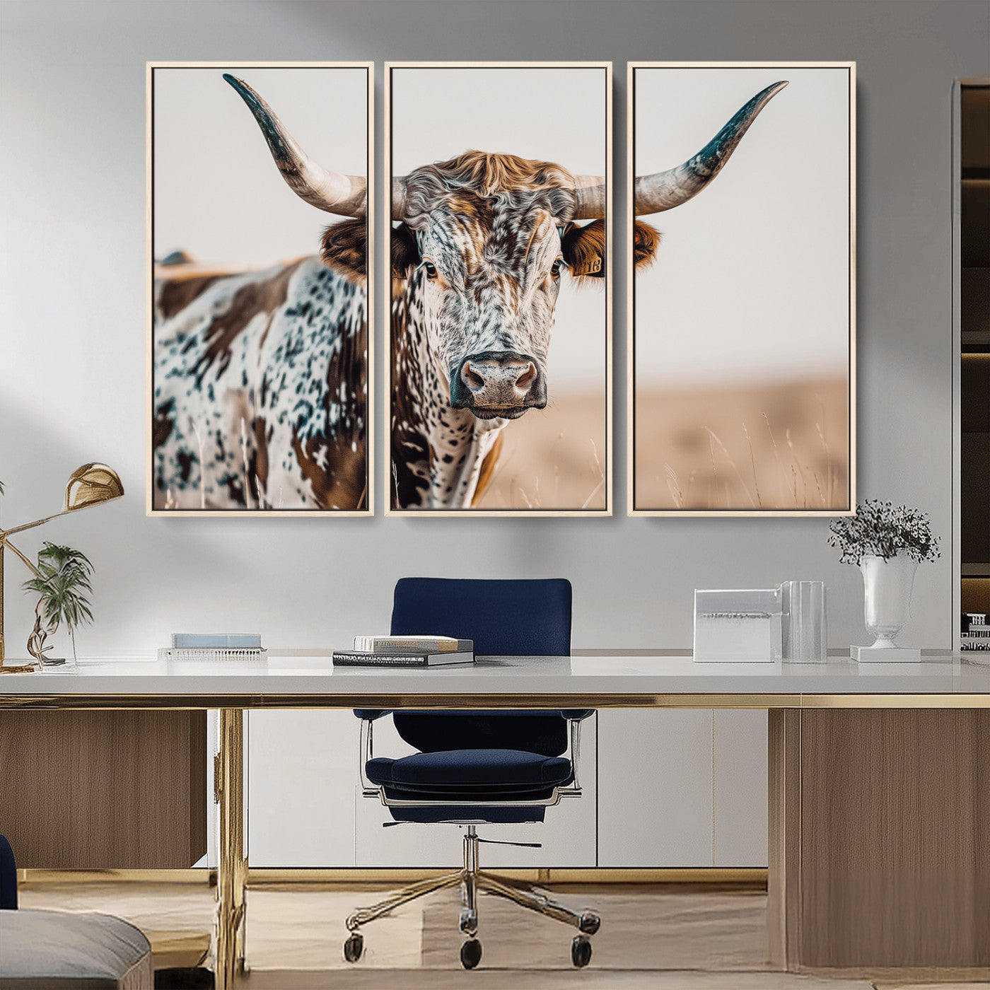 Canvas of a speckled Texas longhorn with wide curved horns and warm tones, perfect for rustic or country-style wall decor.