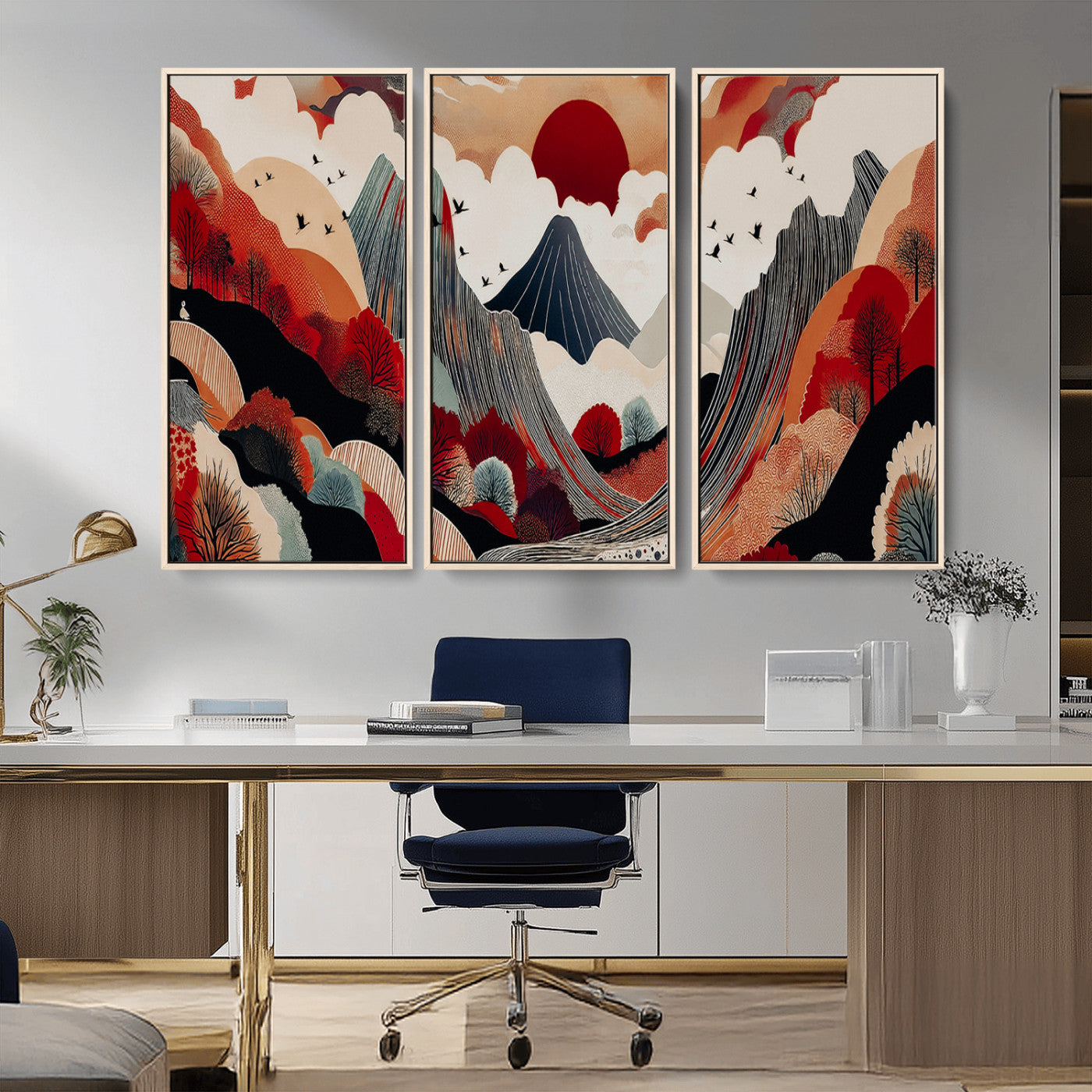 49034575-MGV-FC-48X32-3P_Natural-Abstract Mountain Wall Art Canvas Print, Framed Vibrant Landscape Art Picture Print, Stylized Nature Drawing Perfect Contemporary Minimalist Decor Artwork