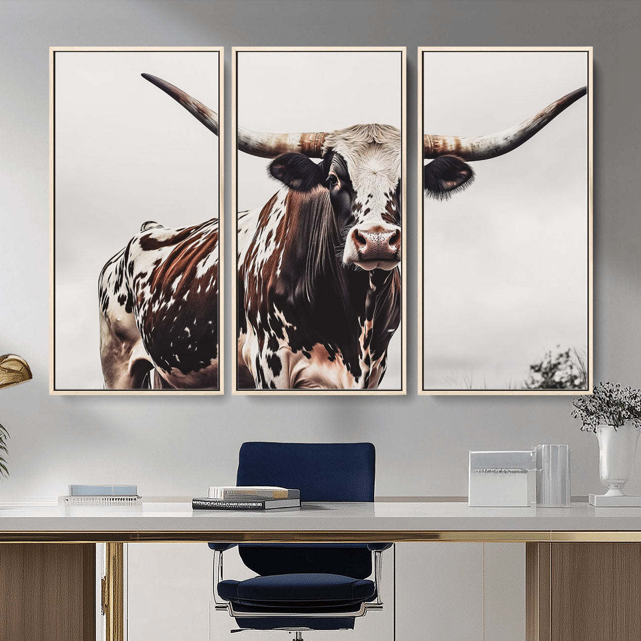 95249234-MGV-CV-36X24-Texas Longhorn Wall Art Canvas Print – Framed Spotted Bull Scene with Horned Cattle Artwork for Home, Office