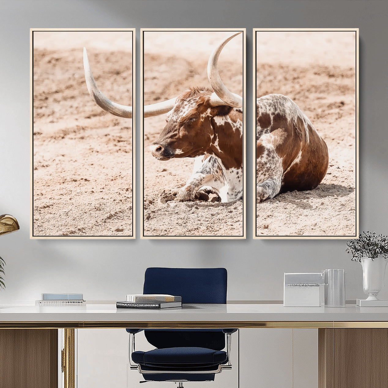 91248682-MGV-CV-36X24-Texas Longhorn Wall Art Canvas Print – Framed Resting Bull Scene with Spotted Cattle Artwork for Home, Office