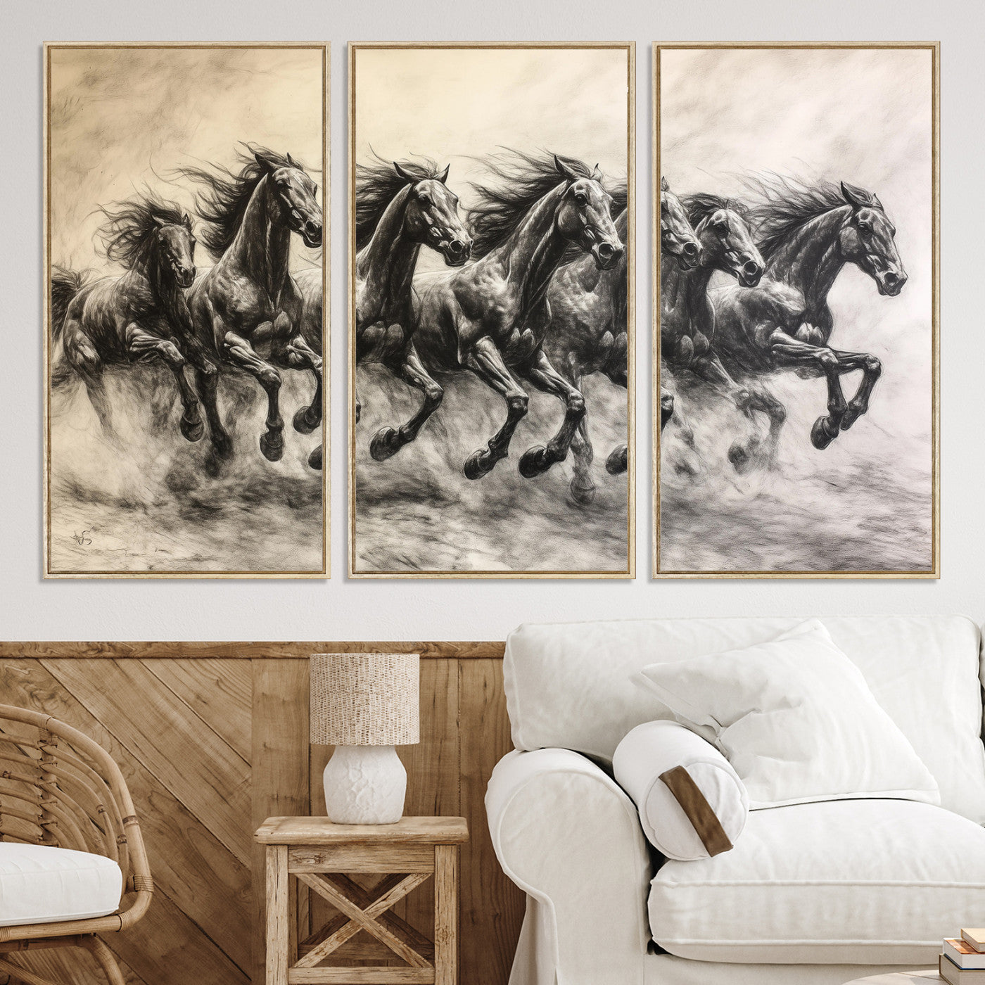 -Galloping Horses Wall Art Canvas Print, Framed Wild Stallions Art Picture Print, Horse Herd Sketch
