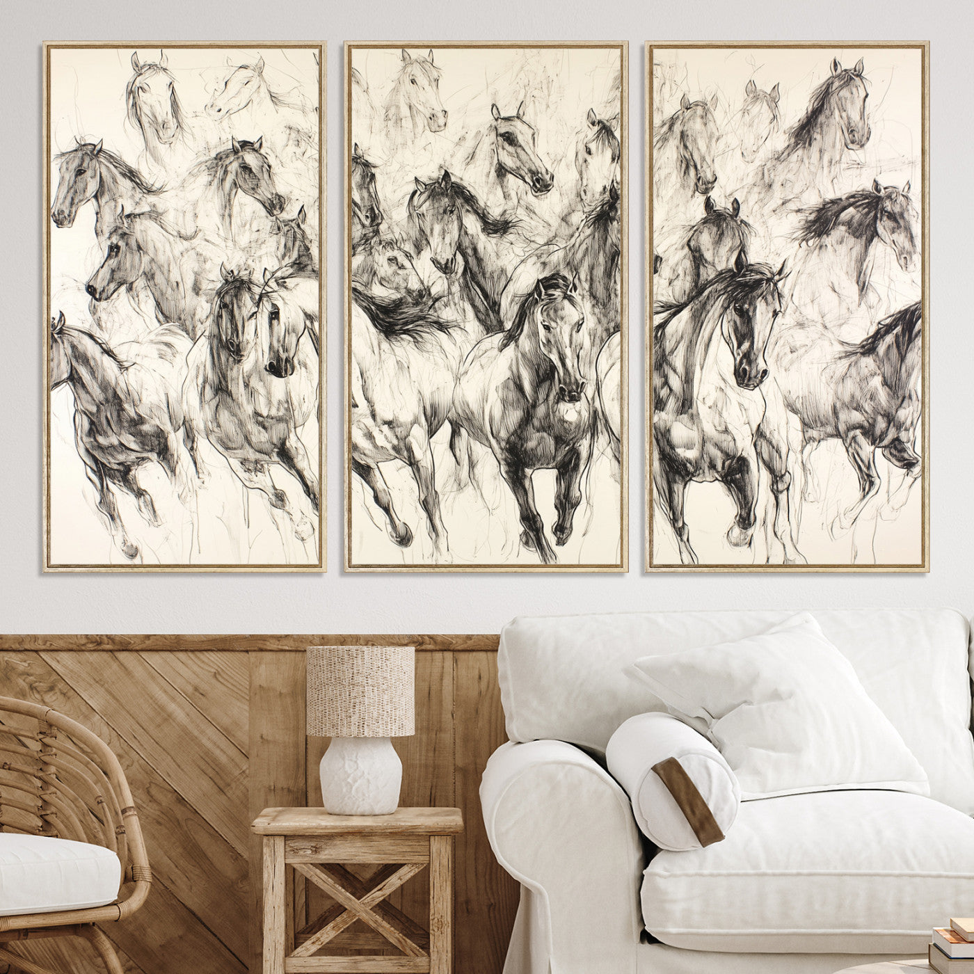 19433417-MGV-CV-36X24-Running Horses Wall Art Canvas Print – Framed Galloping Herd Dynamic Equestrian Sketch Nature Artwork for Home Office