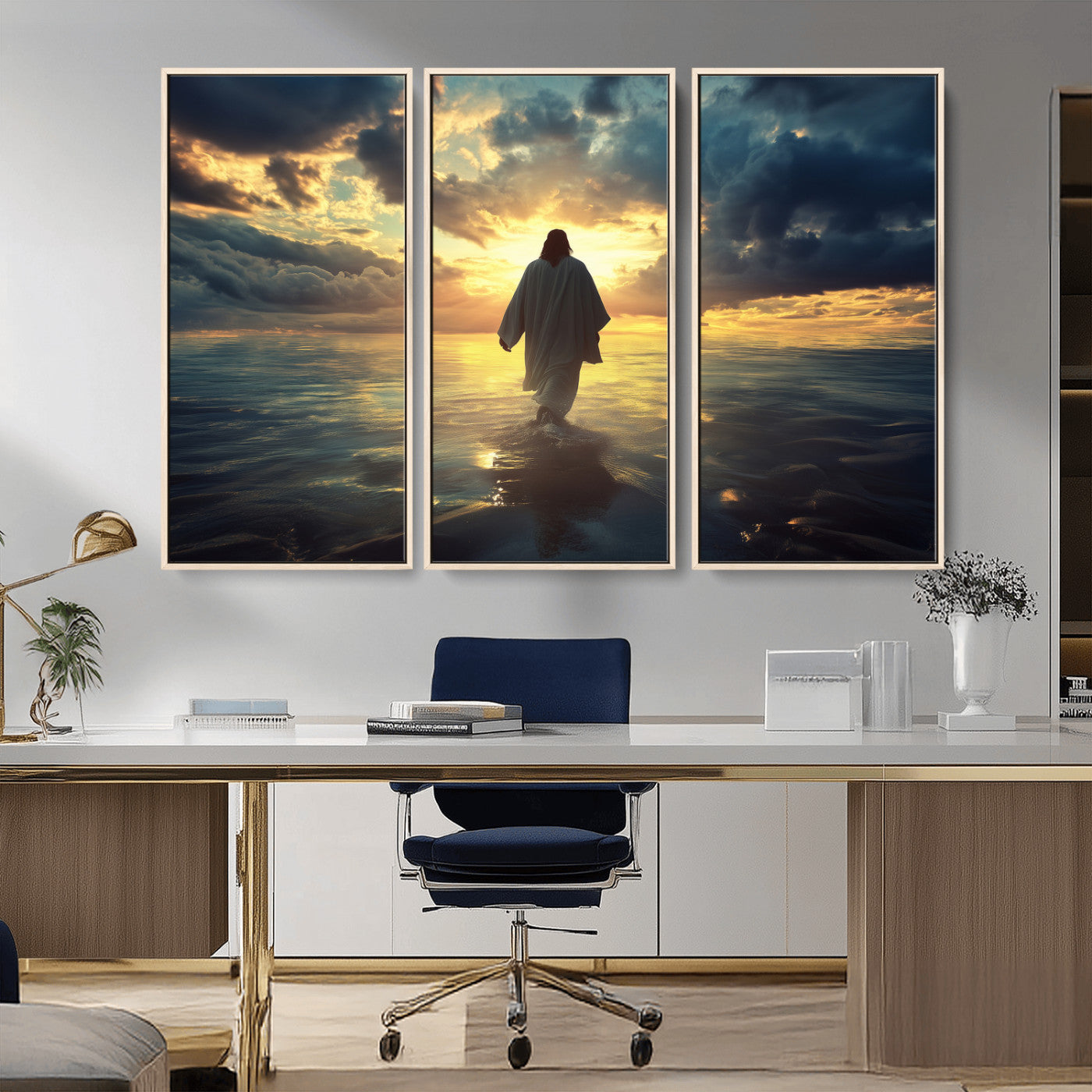MGV-FC-48X32-3P - Jesus Walks Wall Art Canvas Print, Framed Divine Sunset Art Picture Print, Spiritual Light Perfect Spiritual Tranquil Decor Artwork