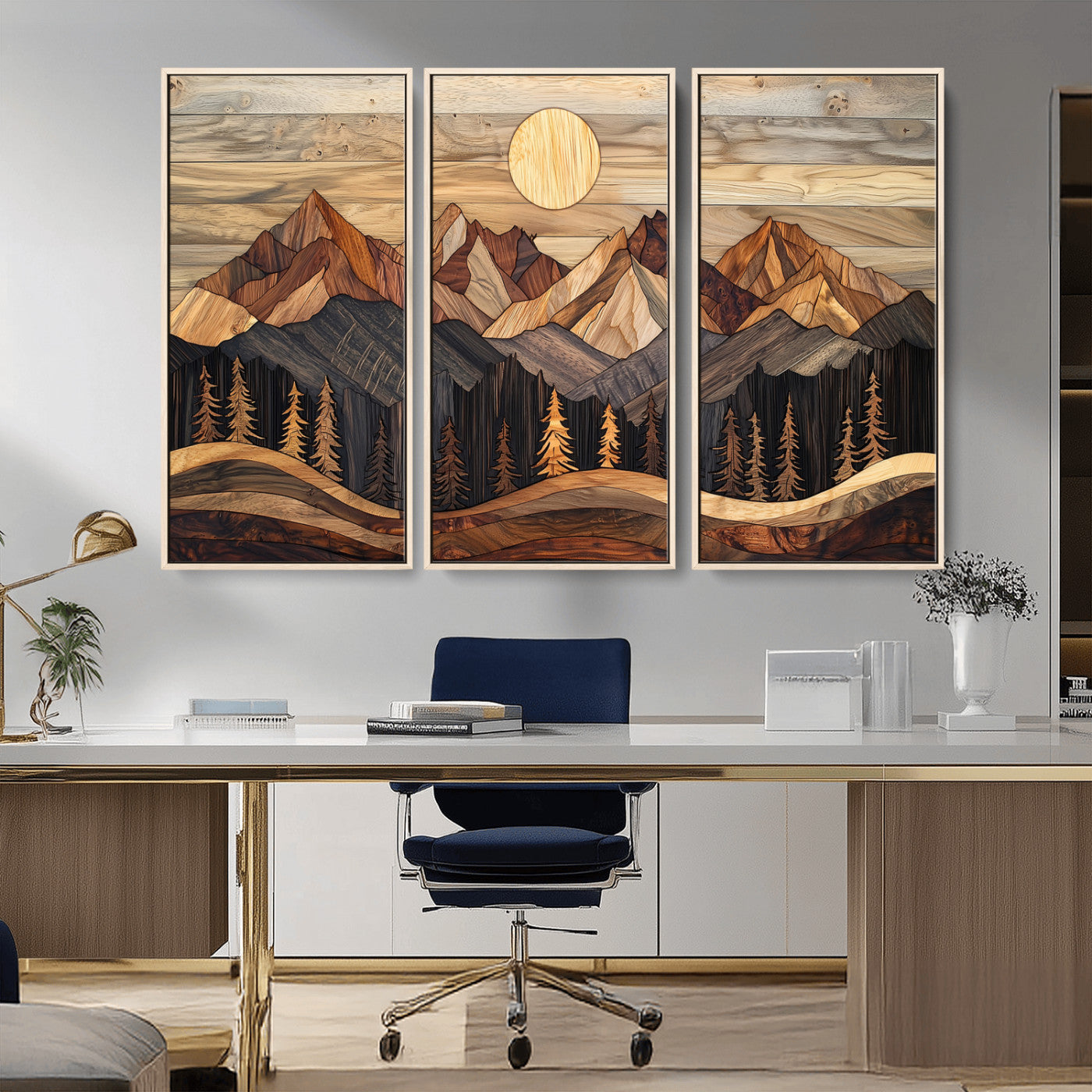50100230-MGV-CV-36X24-Wood Mountain Wall Art Canvas Print – Framed Boho Abstract Woodland Rustic Farmhouse Geometric Artwork for Home Office