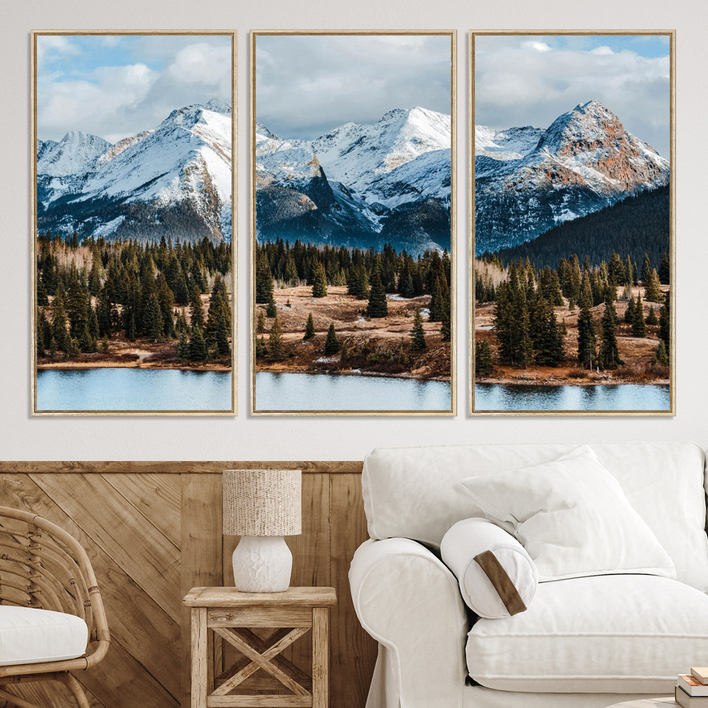 -Snowy Peaks Wall Art Canvas Print, Framed Alpine Lake Art Picture Print, Pine Forest Perfect Alpine