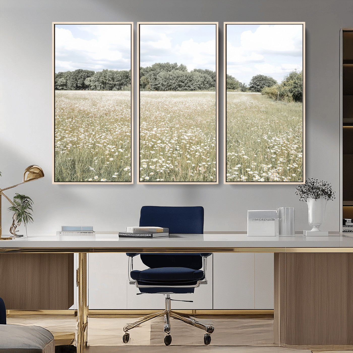 43258946-MGV-CV-36X24-Charming Daisy Field Wall Art Canvas Print – Framed Pastel Flower Meadow Bloom Scandinavian Minimal Artwork for Home Office