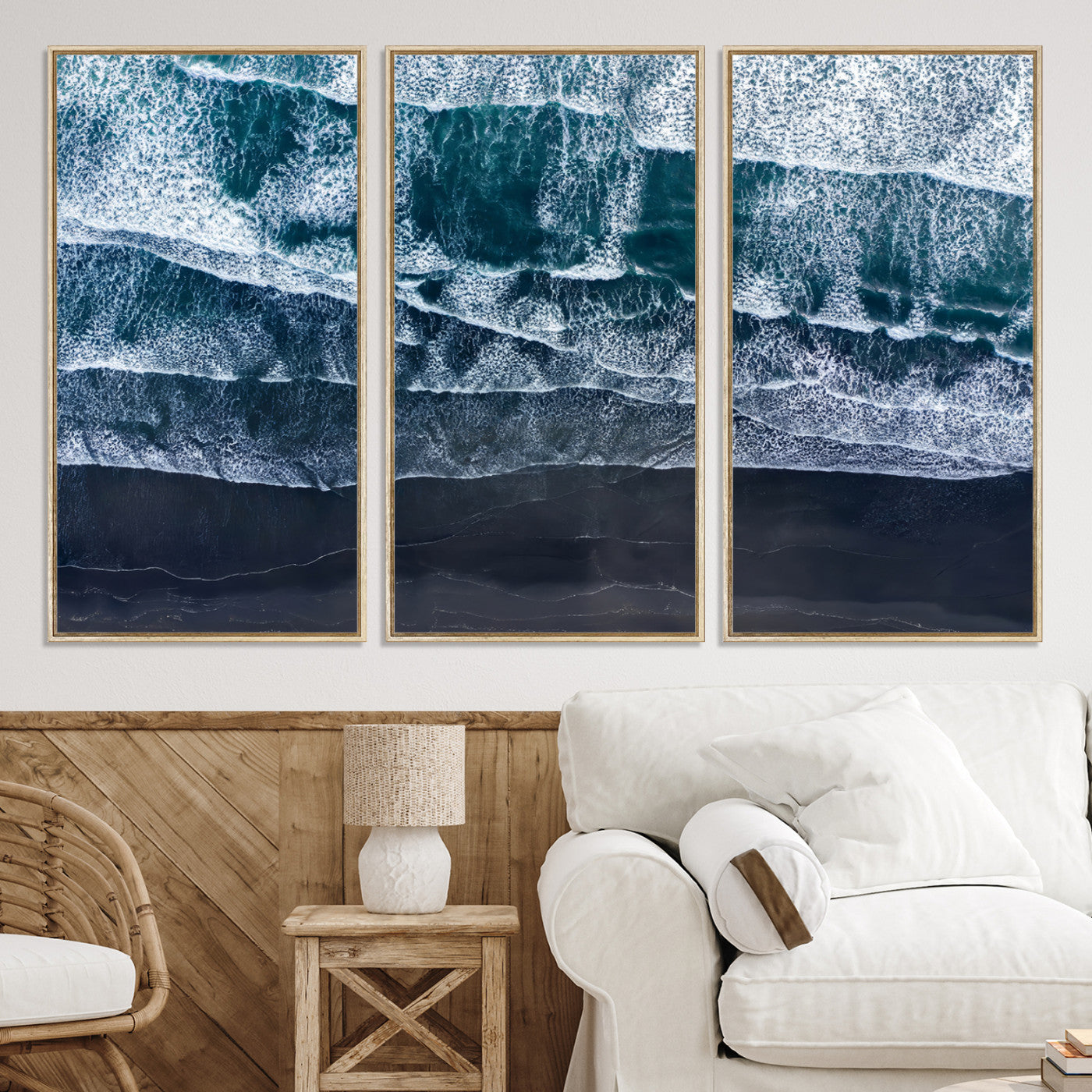 87941475-MGV-CV-36X24-Black Beach Wall Art Canvas Print – Framed Aerial Ocean View Moody Coastal Seascape Nature Artwork for Home Office