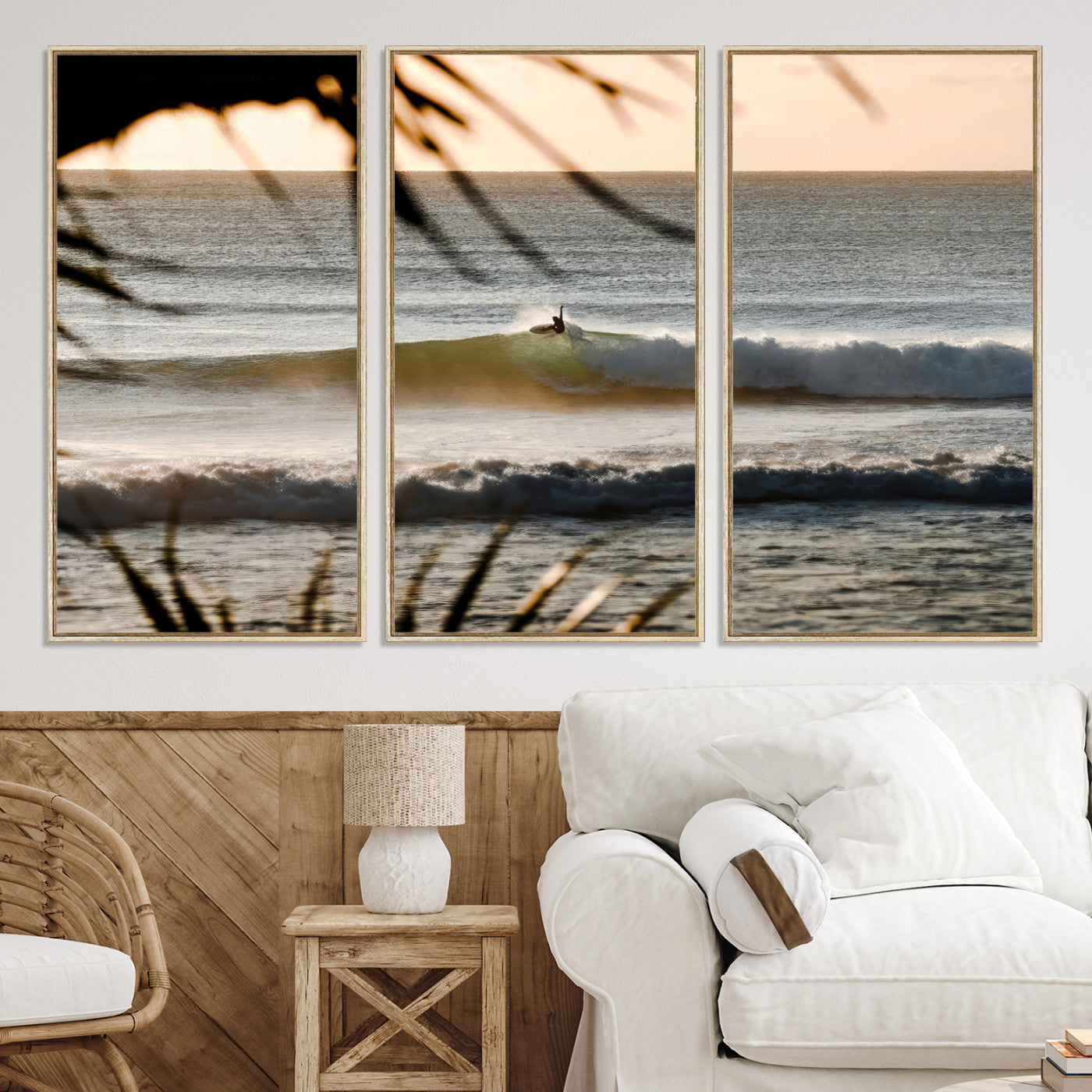 -Sunset Surf Wall Art Canvas Print, Framed Golden Hour Art Picture Print, Waves Perfect Boho Decor,