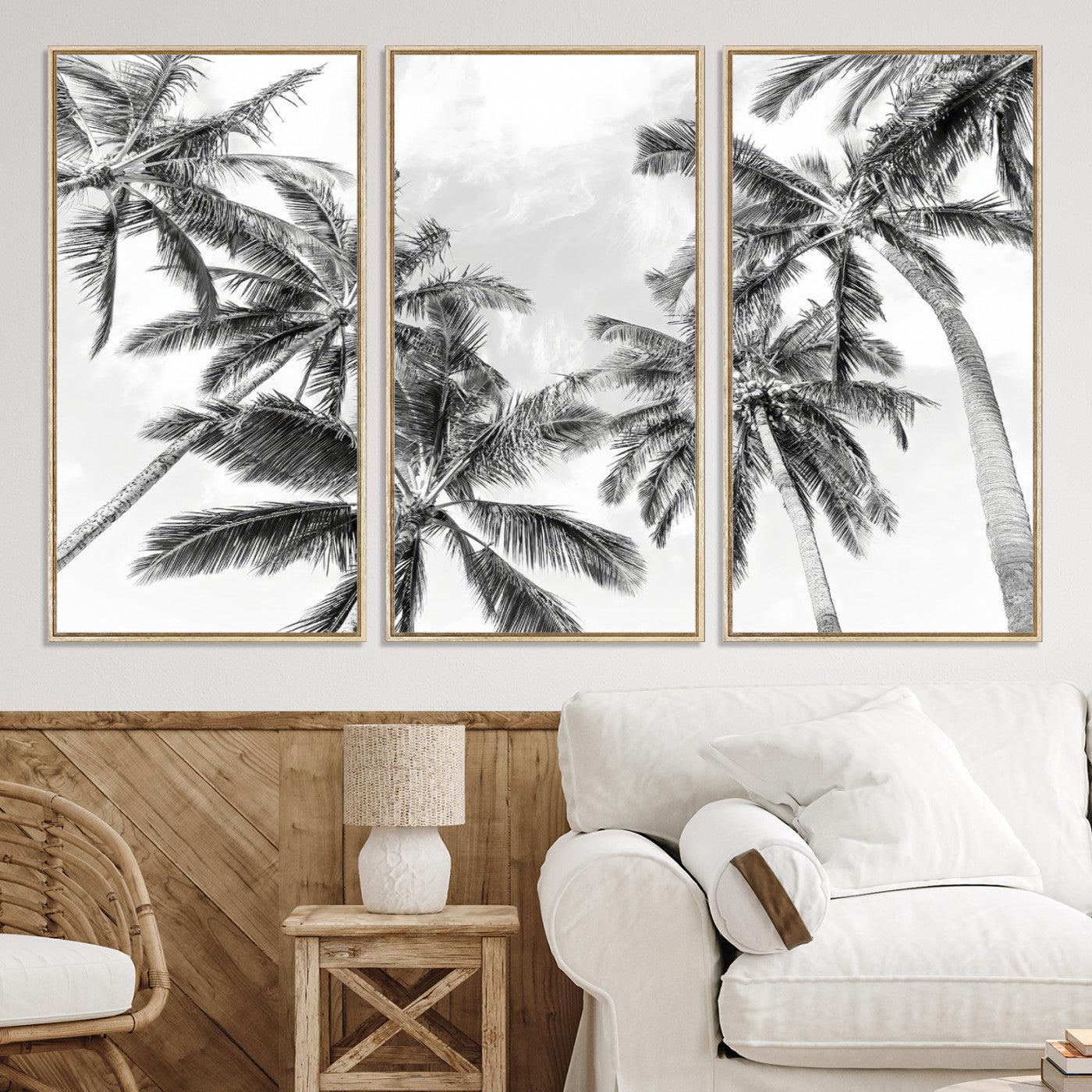 62113786-MGV-CV-36X24-Black and White Palm Wall Art Canvas Print – Framed Monochrome Tropical Beach Scene Artwork for Modern Home, Office Decor