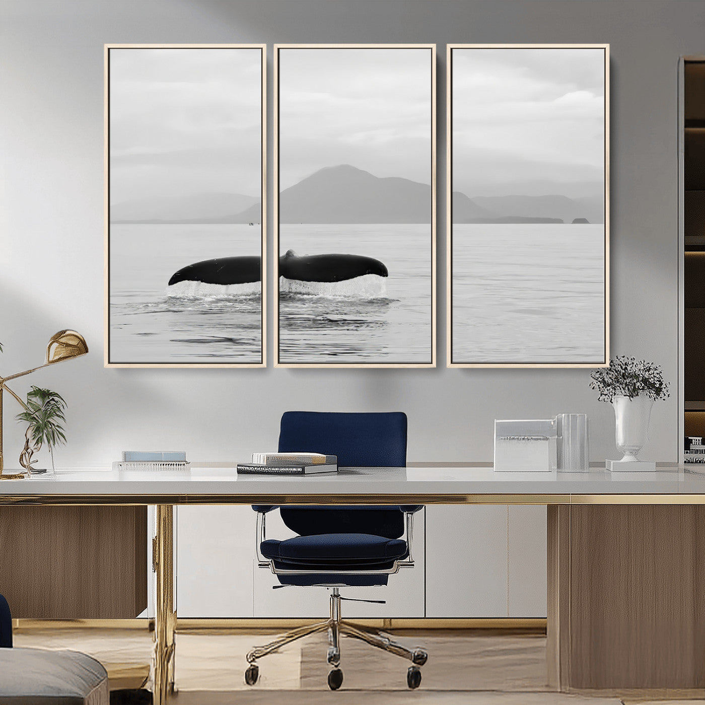 MGV-FC-48X32-3P - Whale Tail Wall Art Canvas Print, Framed Black White Ocean Art Picture Print, Calm Marine Perfect Minimalist Coastal Decor Artwork