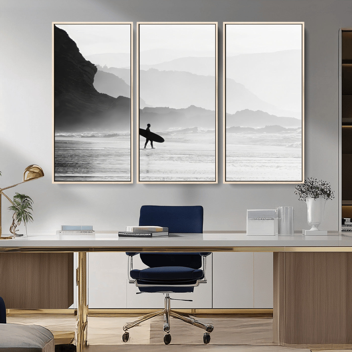 MGV-FC-48X32-3P - Surfer In Fog Wall Art Canvas Print, Framed Moody Shoreline Art Picture Print, Cliffside Waves Perfect Minimalist Coastal Decor Artwork