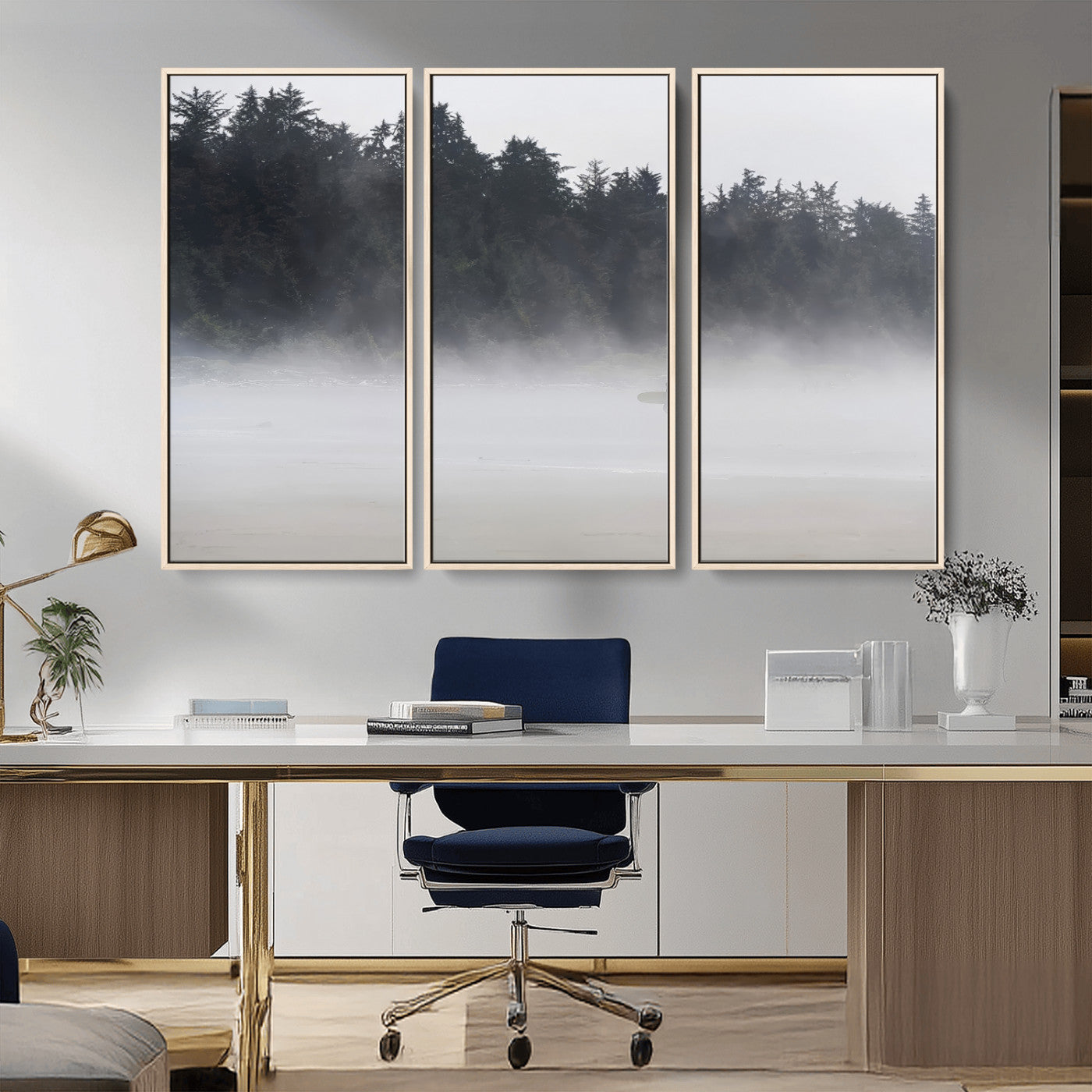 59703275-MGV-FC-48X32-3P_Natural-Surfer Fog Wall Art Canvas Print – Framed Foggy Beach Scene with Coastal Surf Artwork for Home, Office, Living Room