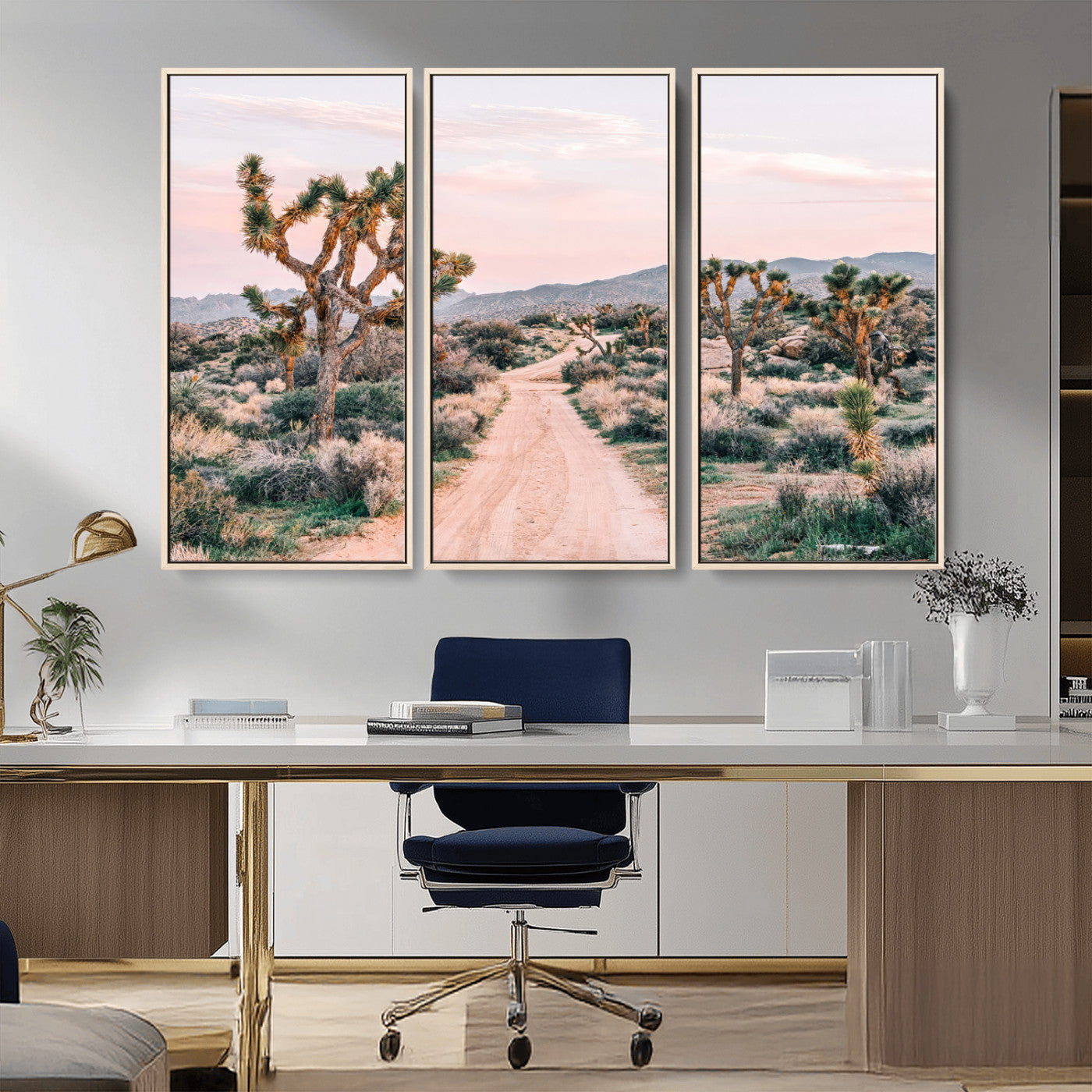 MGV-FC-48X32-3P - Desert Trail Wall Art – Canvas Print of Joshua Trees & Sunset Glow, Sandy Path Wilderness, Scenic Nature Escape Decor for Living Room, Office or Bedroom