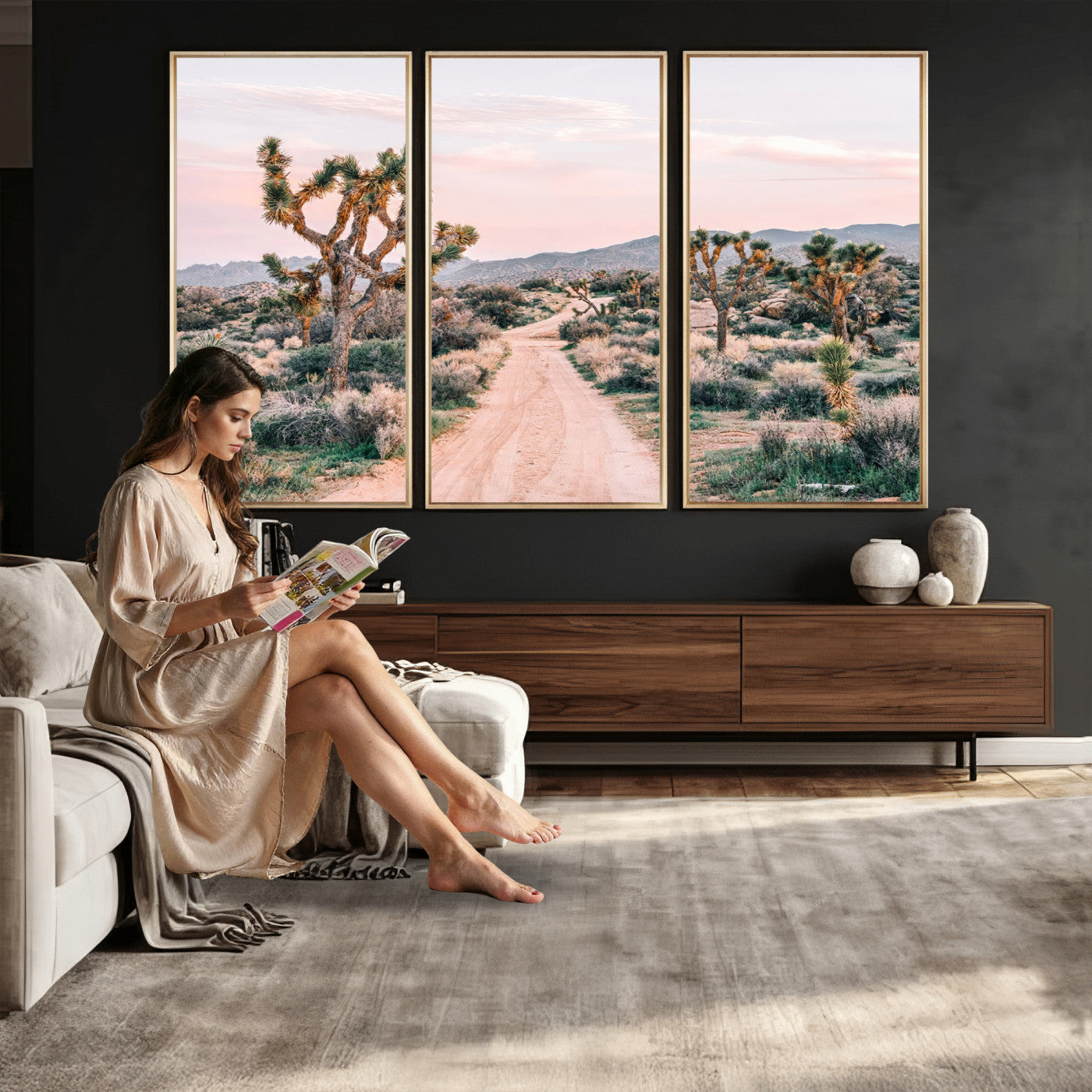 12540952-MGV-CV-36X24 - Desert Trail Wall Art – Canvas Print of Joshua Trees & Sunset Glow, Sandy Path Wilderness, Scenic Nature Escape Decor for Living Room, Office or Bedroom