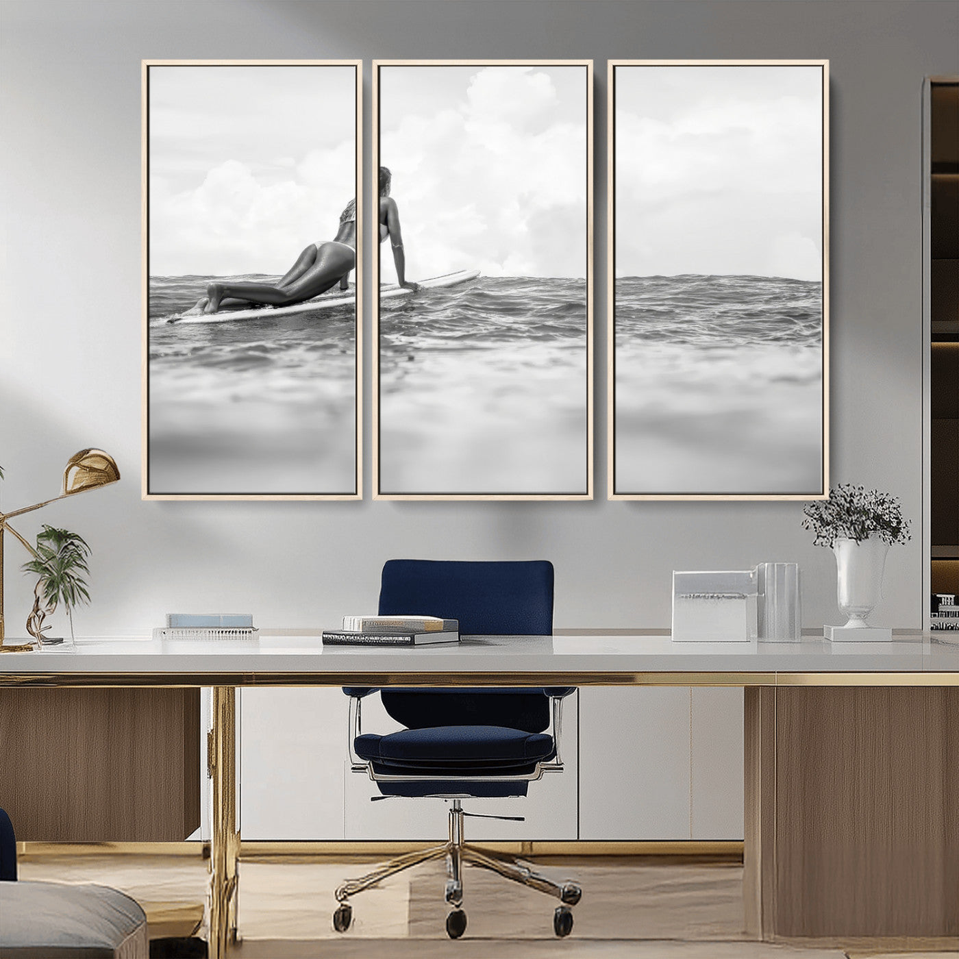 69798068-MGV-CV-36X24-Black and White Surfing Wall Art Canvas Print – Framed Ocean Horizon with Surfer Girl Coastal Adventure Artwork for Home, Office