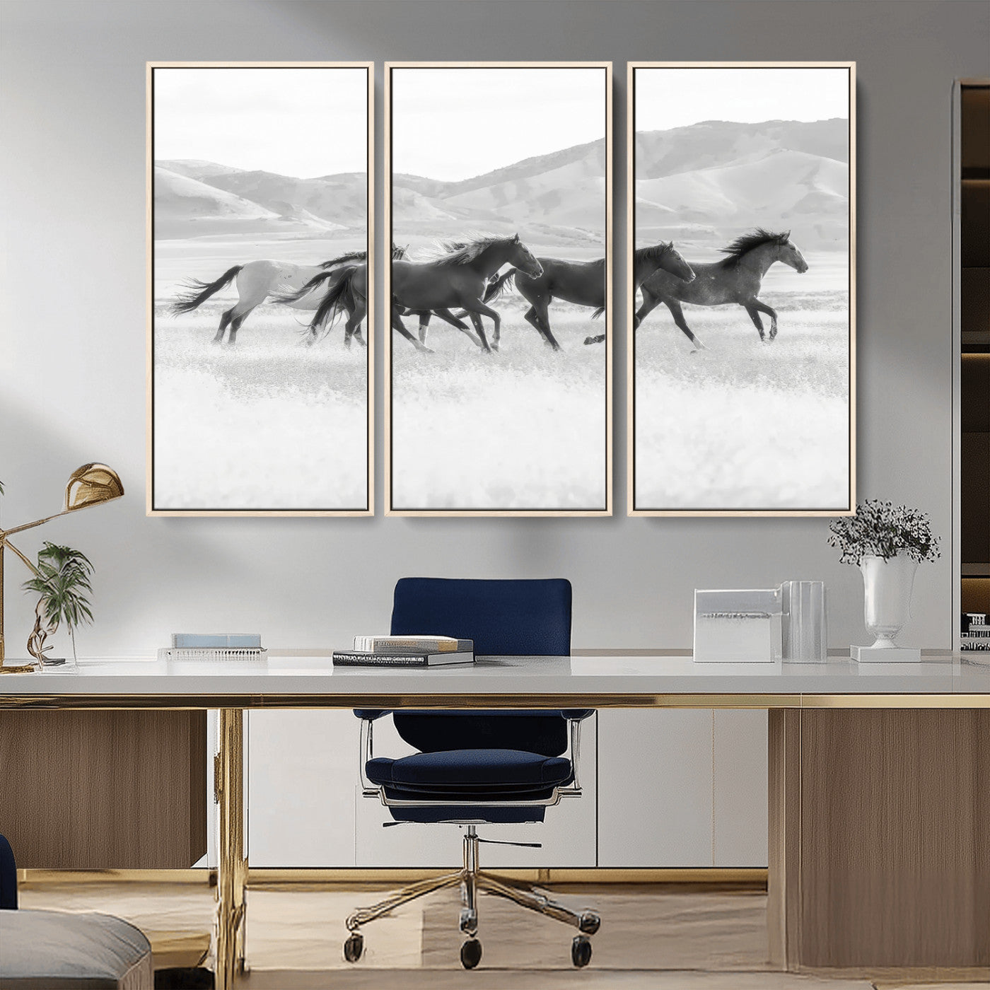 MGV-FC-48X32-3P - Wild Horses Wall Art – Black & White Canvas Print of Herd Running, Nature in Motion, Freedom & Beauty Decor for Guest Room, Office or Living Room