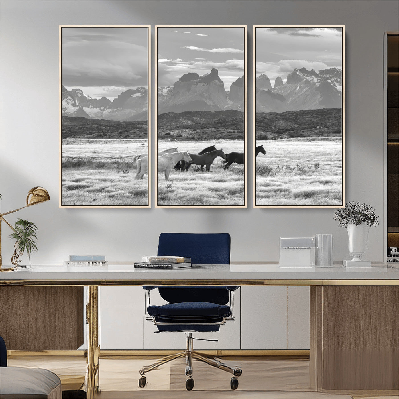 MGV-FC-48X32-3P - Wild Horses Wall Art Canvas Print, Framed Black White Mountains Art Picture Print, Rustic Countryside Perfect Rustic Western Decor Artwork