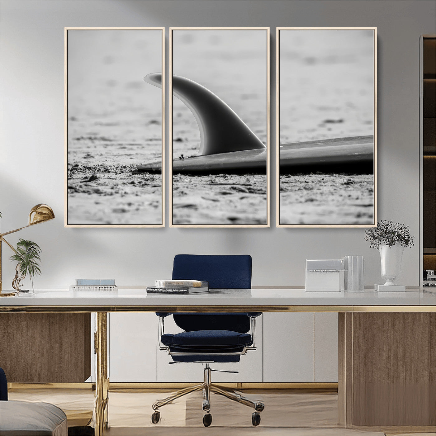 MGV-FC-48X32-3P - Black White Surfboard Wall Art Canvas Print, Framed Minimalist Beach Art Picture Print, Surf Fin Perfect Minimalist Coastal Decor Artwork