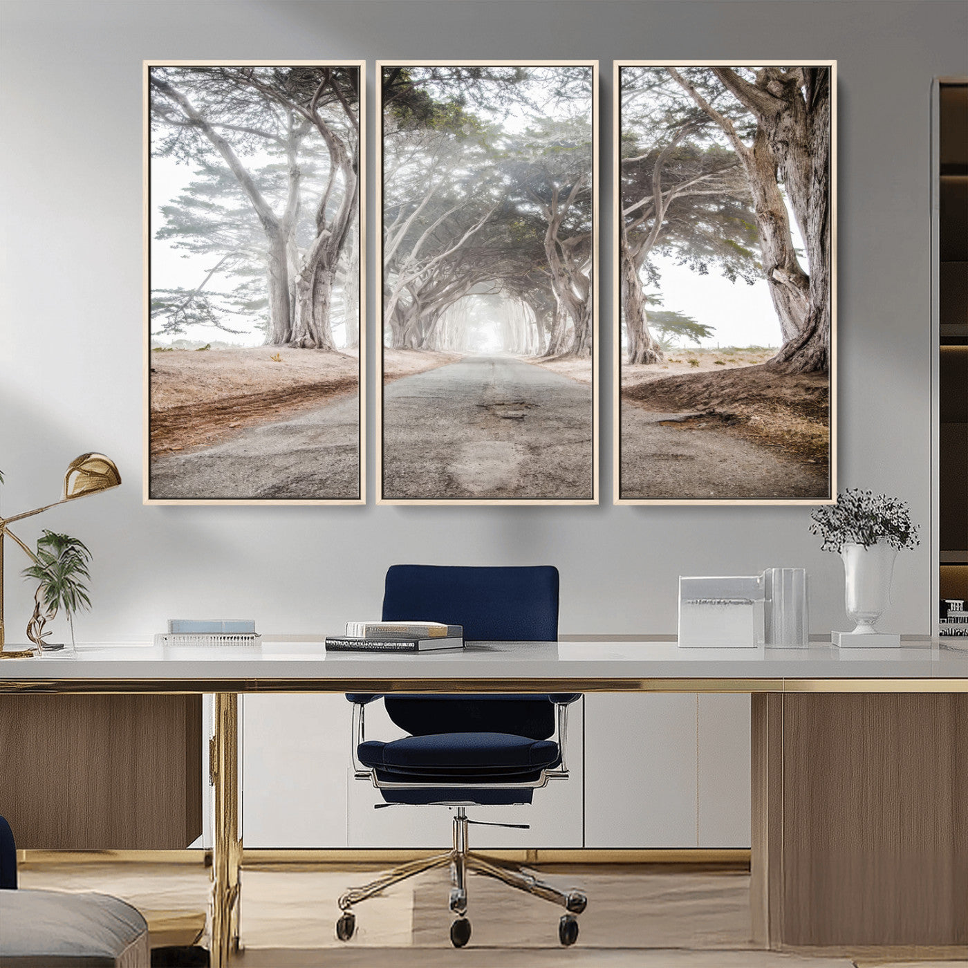 87090469-MGV-FC-48X32-3P_Natural-Cypress Tunnel Wall Art – Framed Misty Road Canvas Artwork, Foggy Trees Design, Rustic Woodland Nature Decor for Home, Office