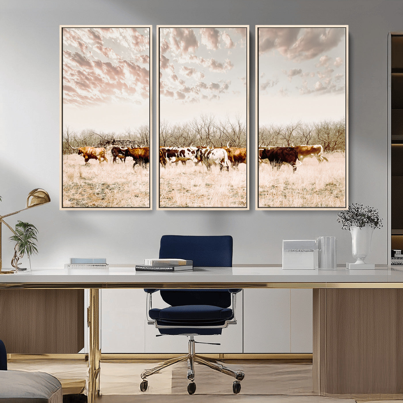 64892775-MGV-CV-36X24 - Longhorn Cattle Wall Art Canvas Print, Framed Texas Ranch Art Picture Print, Western Cow Perfect Western Decor Artwork