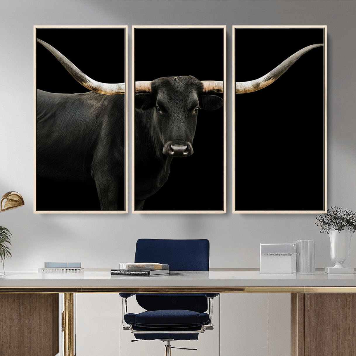 99448328-MGV-CV-36X24-Longhorn Cattle Wall Art Canvas Print – Framed Texas Ranch Scene with Western Cow Artwork for Home, Office, Living Room