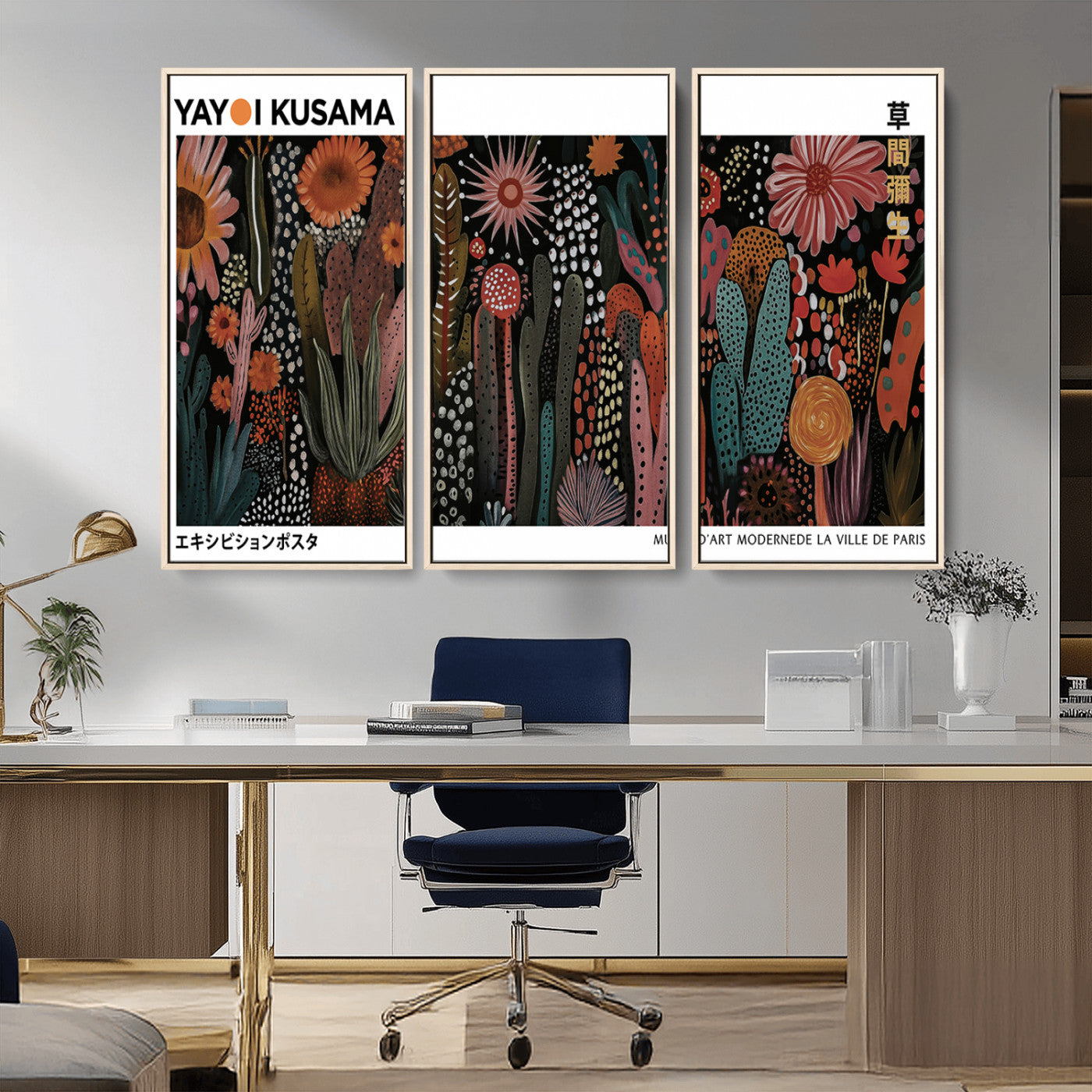 70632622-MGV-CV-36X24-Modern Japanese Wall Art Canvas Print – Framed Abstract Mount Fuji Scene with Yayoi Kusama Artwork for Home, Office