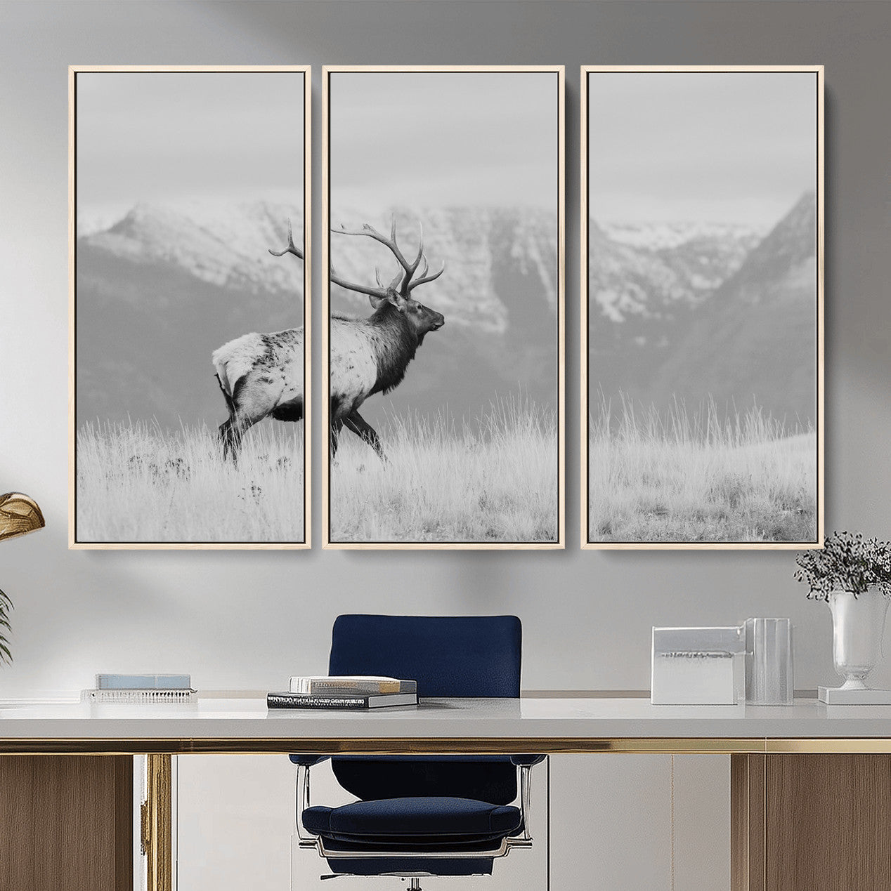 36150391-MGV-FC-48X32-3P - Wall Art Canvas Print – Majestic Elk Black & White Wilderness, Scenic Mountain and Grassland Landscape, Wildlife Nature Decor for Home or Office
