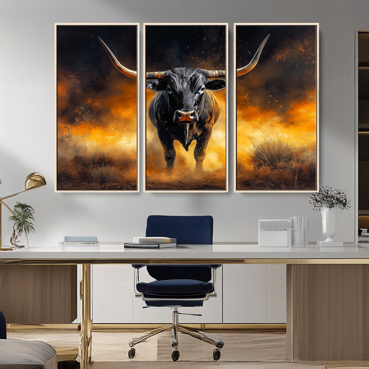 58293979-MGV-FC-48X32-3P_Natural-Longhorn Canvas Wall Art Canvas Print, Framed Bold Bull Wall Art Art Picture Print, Western Animal Decor Perfect Western Dramatic Decor Artwork