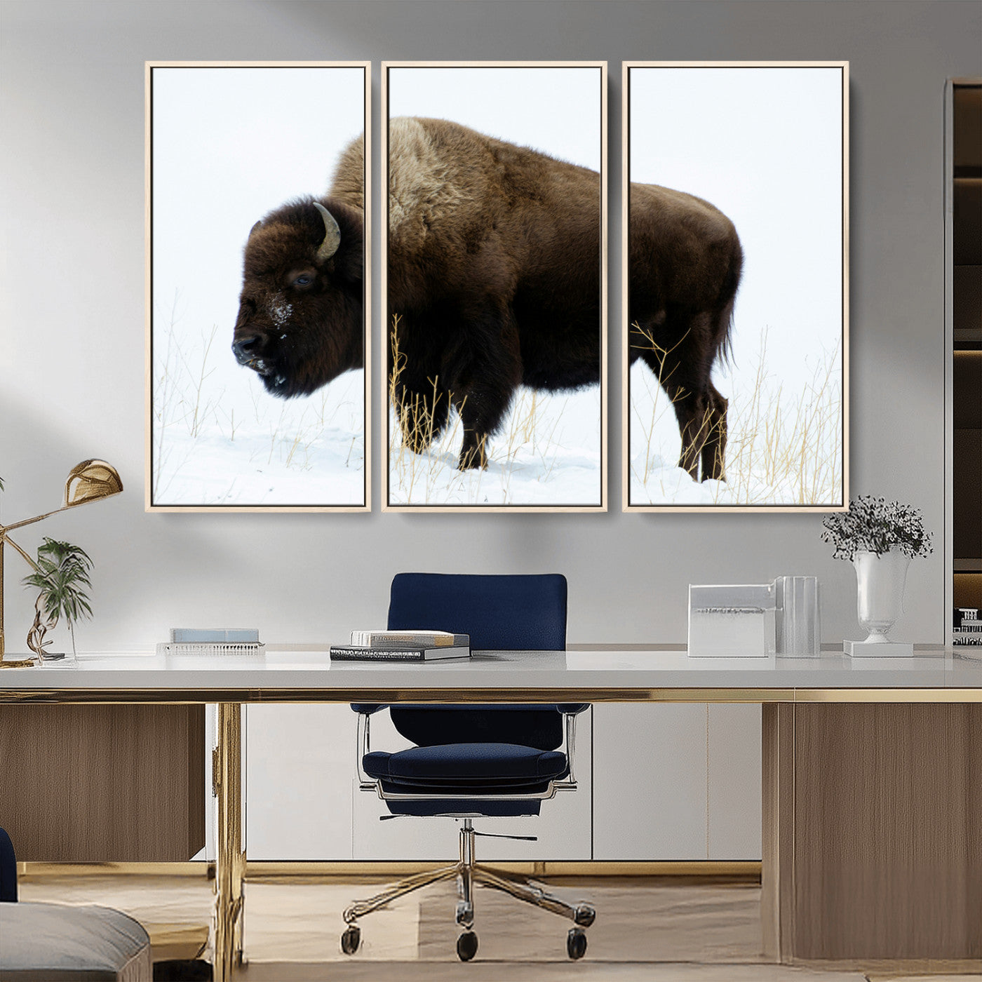 76778120-MGV-FC-48X32-3P_Natural-Bison Wall Art Canvas Print – Framed Western Wildlife Buffalo Snow Rustic Nature Scene Artwork for Home Office