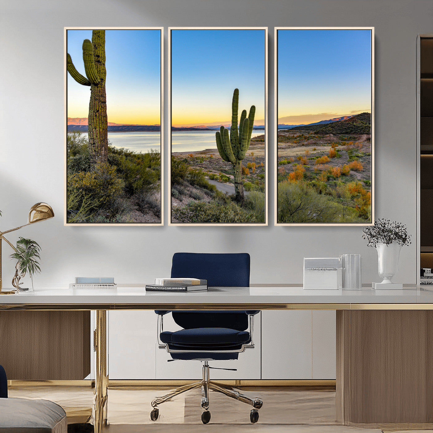 52844711-MGV-FC-48X32-3P_Natural-Saguaro Cactus Wall Art Canvas Print – Framed Desert Sunset Southwestern Nature Scene Artwork for Home Office