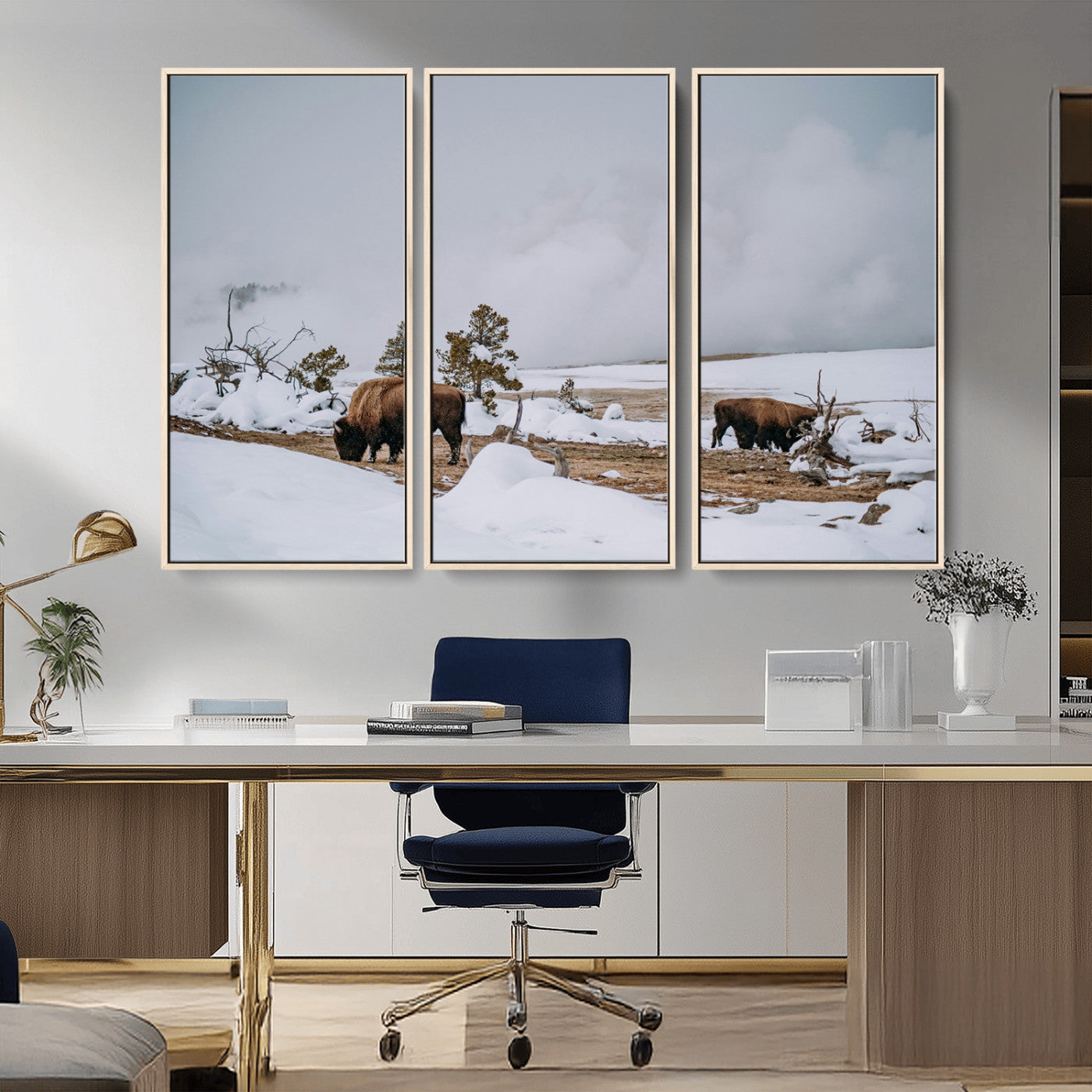 60308289-MGV-FC-48X32-3P_Natural-Bison Wildlife Wall Art Canvas Print – Framed Snowy Prairie Western Rustic Nature Scene Artwork for Home Office