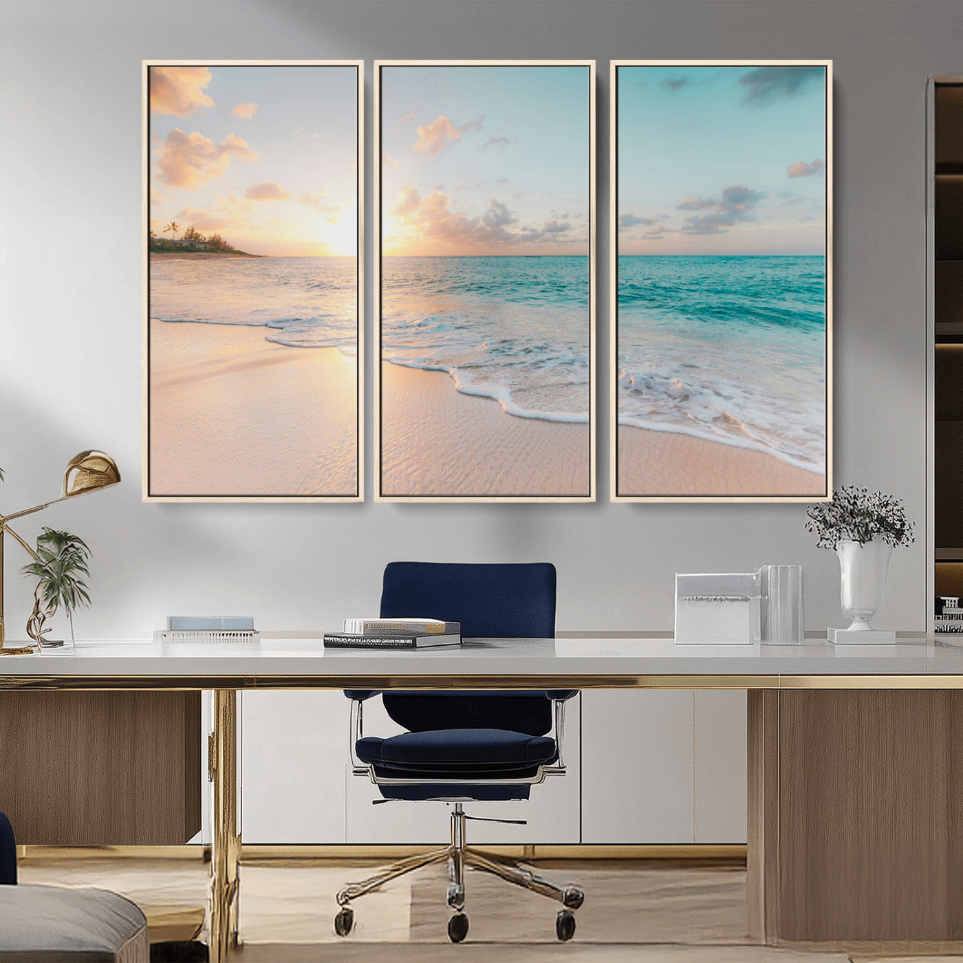 -Beach Sunset Wall Art Canvas Print – Framed Ocean Waves Summer Escape Coastal Nature Scene Artwork for Home Office