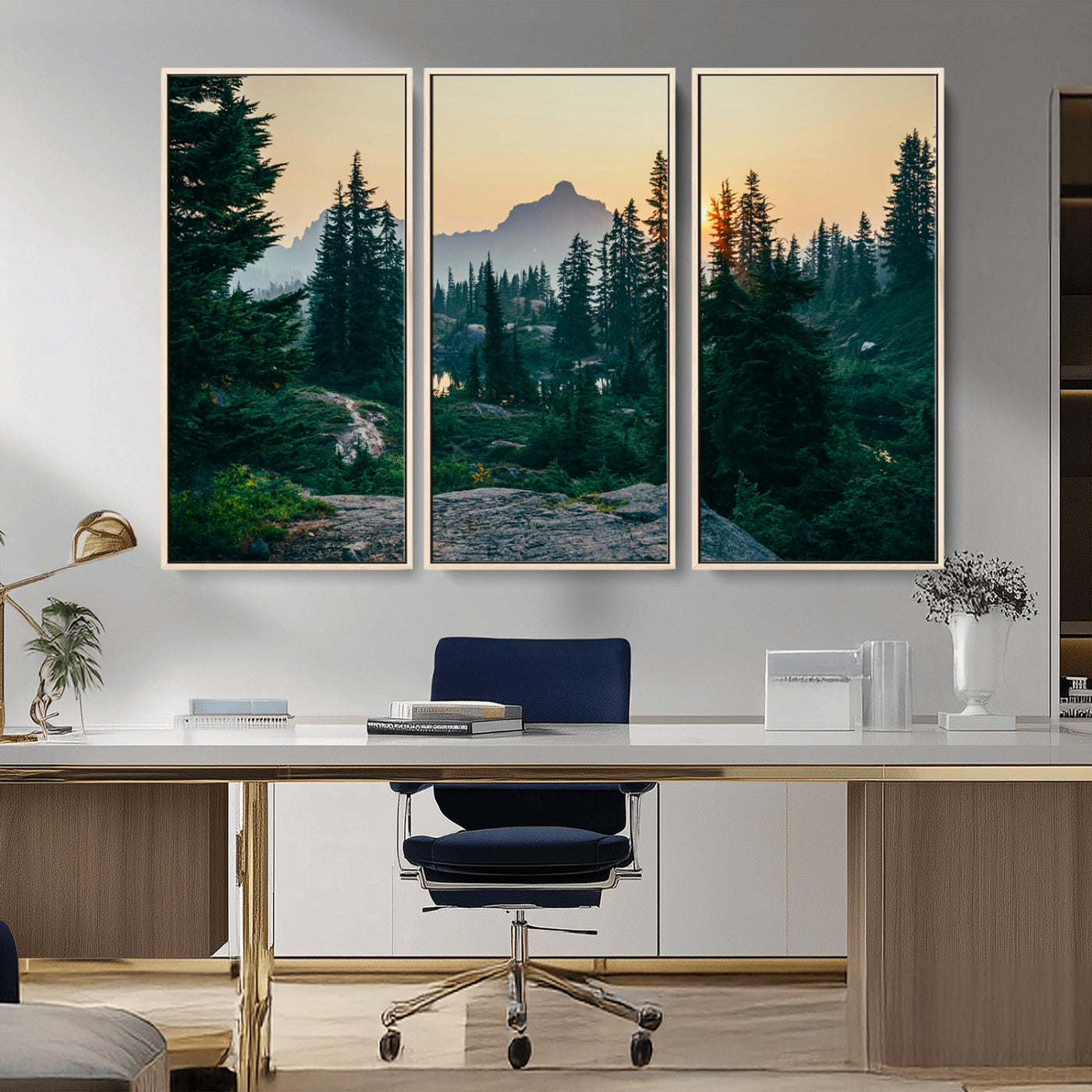 66397982-MGV-FC-48X32-3P_Natural-Mountain Wall Art Canvas Print – Framed Forest Serenity Mountain Nature Scene Artwork for Home Office