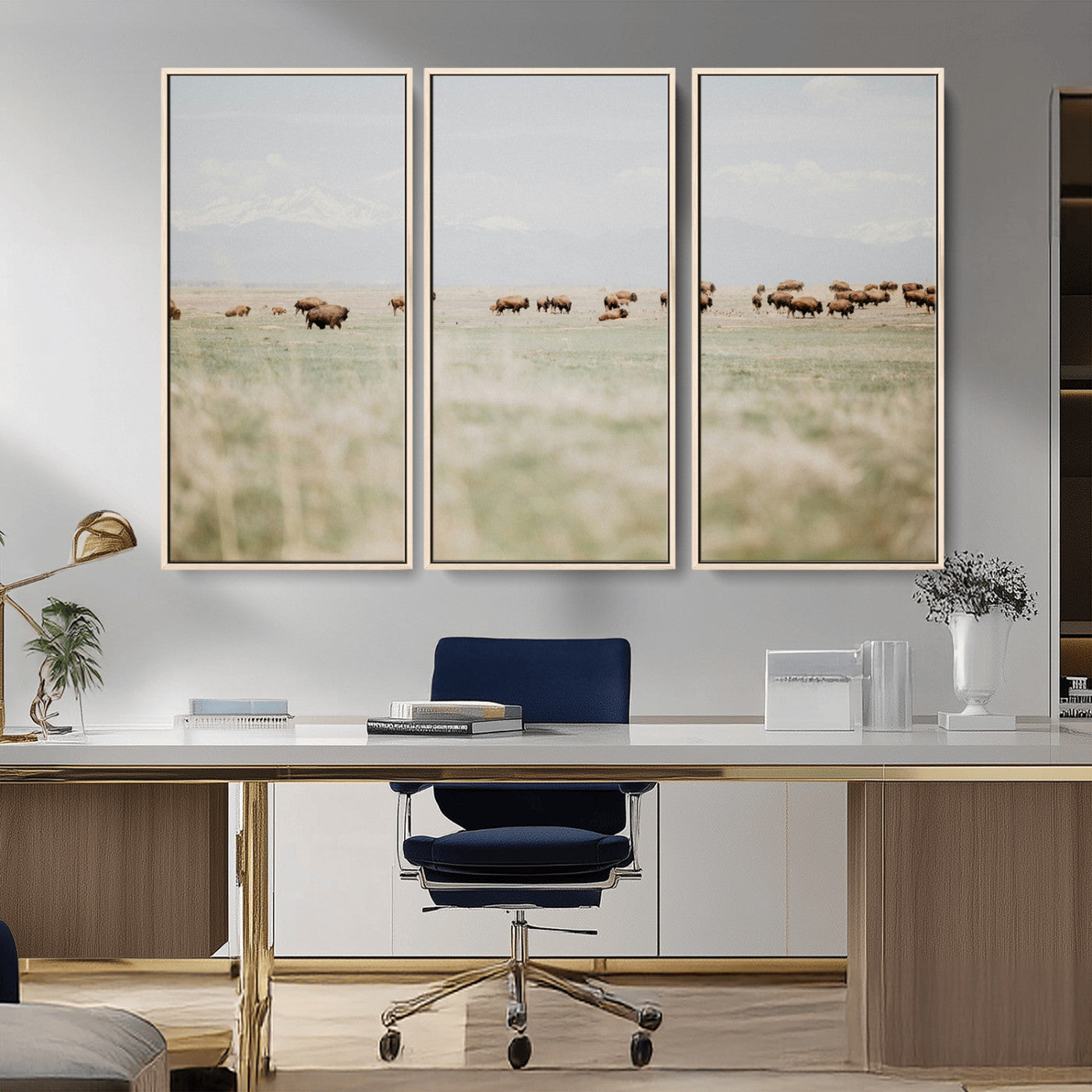 -Bison Herd Wall Art Canvas Print – Framed Western Bison Ranch Nature Scene Artwork for Home, Office, Living Room