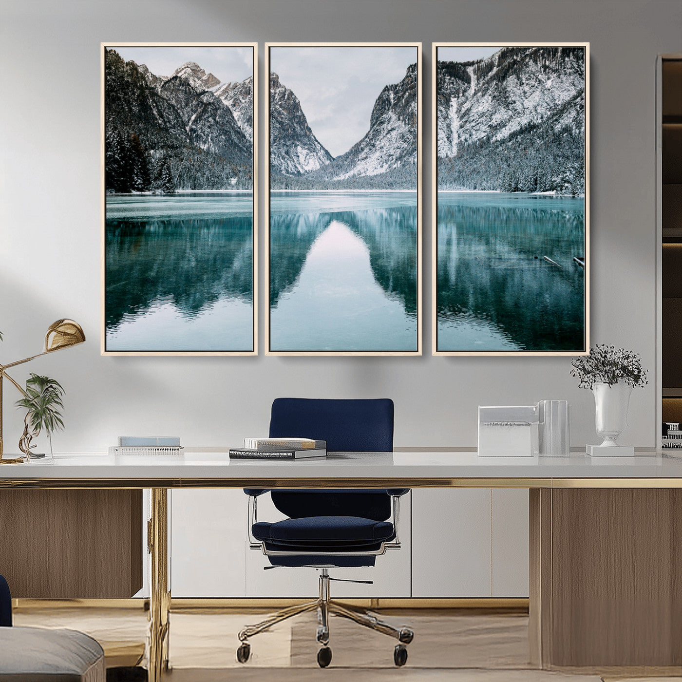 73098373-MGV-CV-36X24-Mountain Lake Wall Art Canvas Print – Framed Snowy Peaks Wonderland Nature Scene Artwork for Home Office