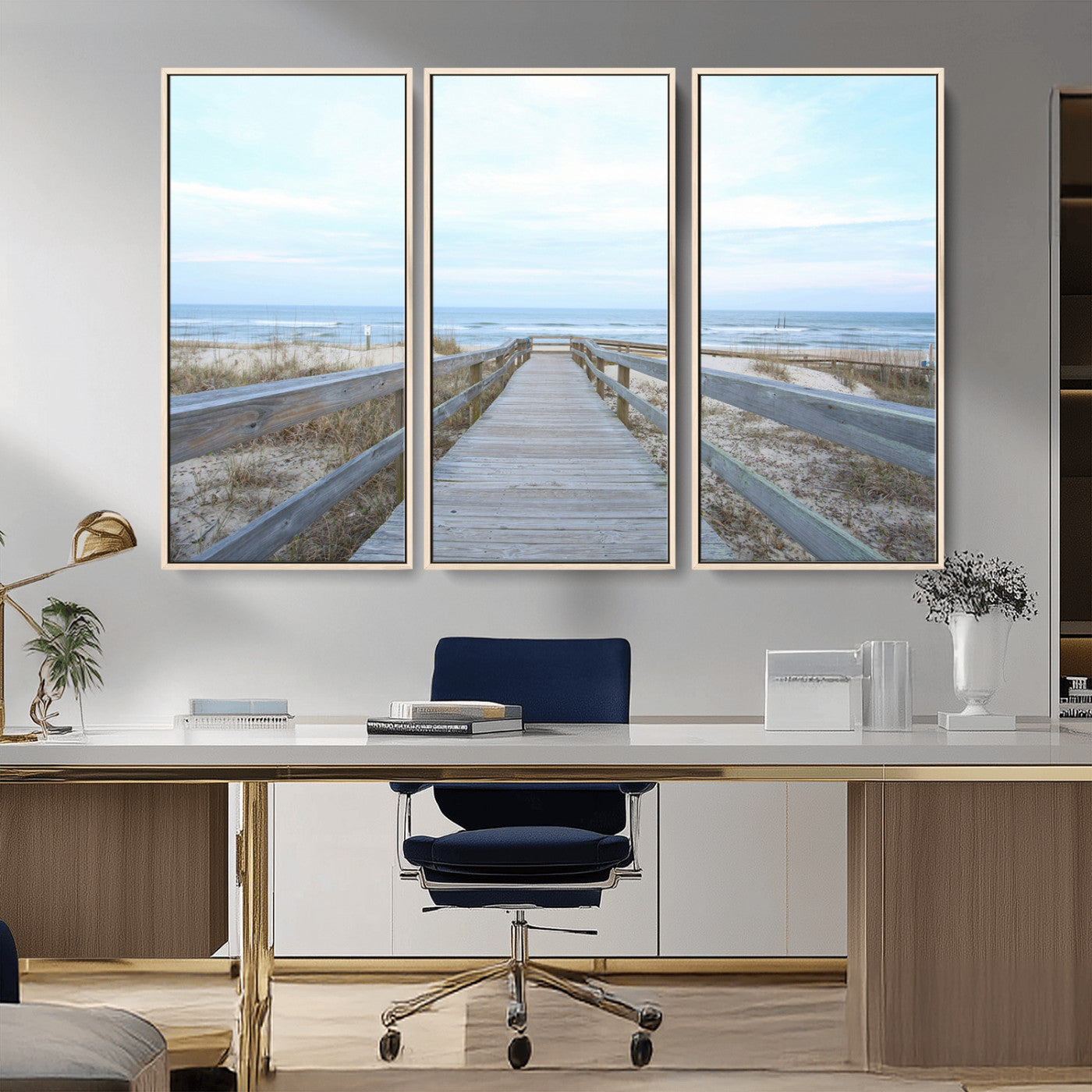 31602988-MGV-FC-48X32-3P_Natural-Beach Boardwalk Wall Art Canvas Print – Framed Coastal Serenity Ocean View Nature Scene Artwork for Home Office