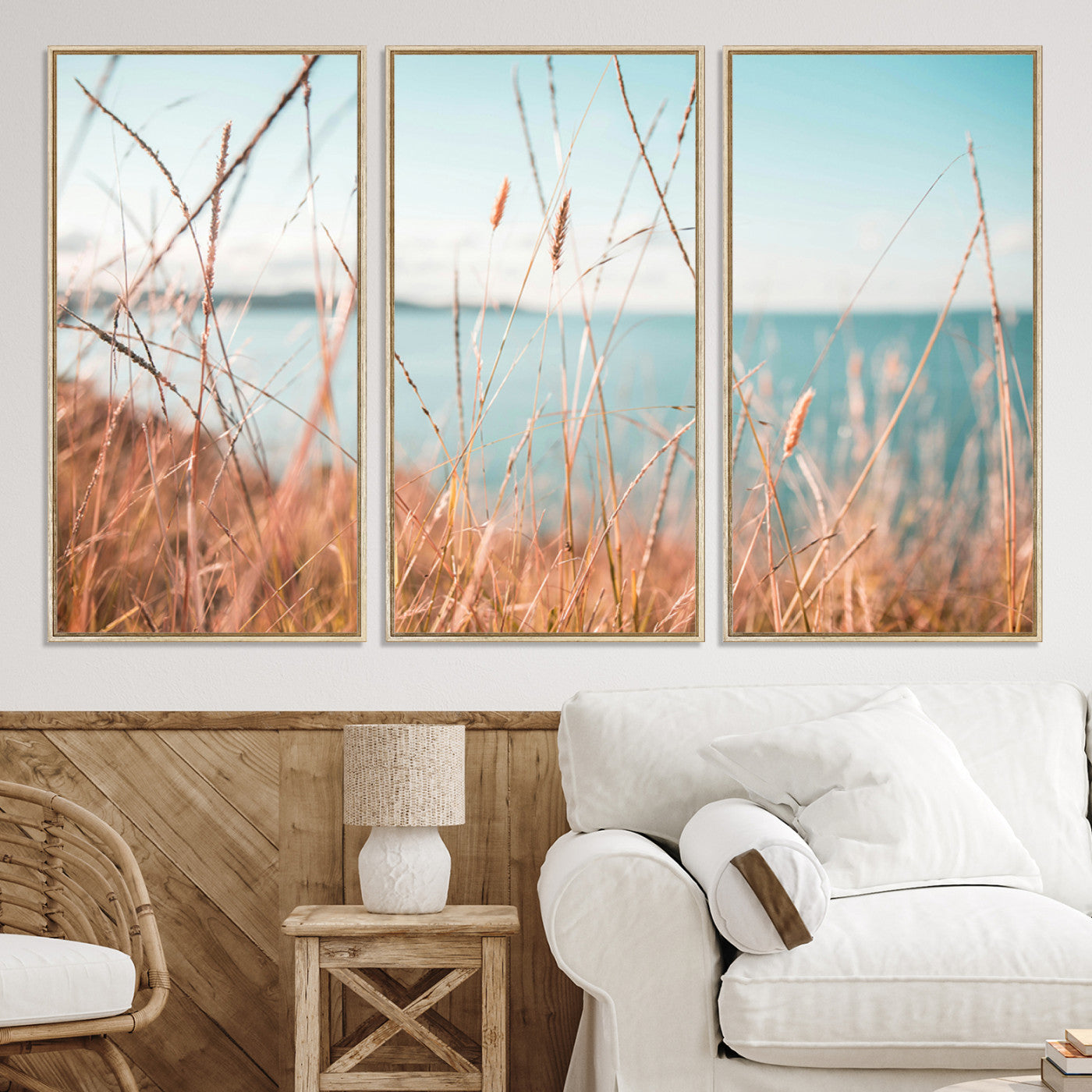 36108696-MGV-CV-36X24-Coastal Grass Landscape Wall Art Canvas Print – Golden Shoreline Nature Scene Serene Ocean View Artwork for Home Office