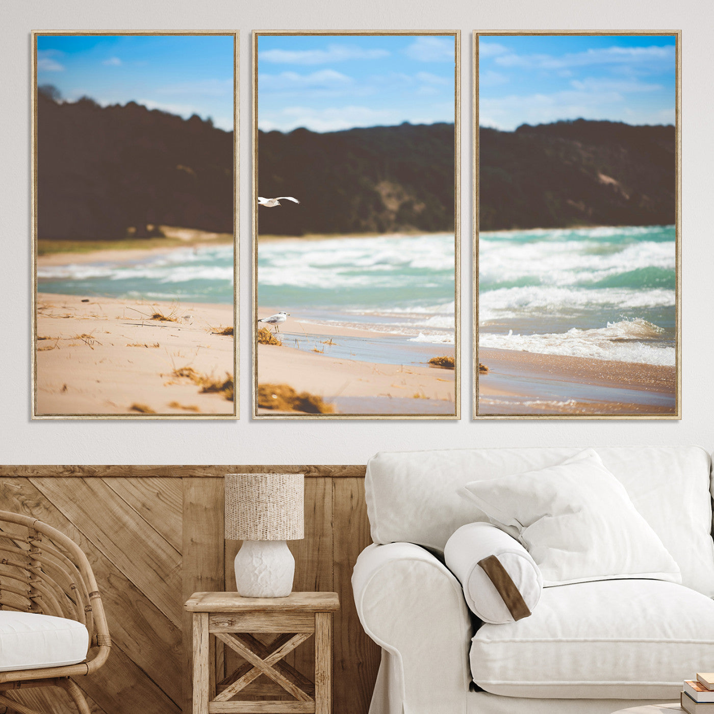 -Tranquil Beach Scene Wall Art Canvas Print – Framed Blue Ocean Waves Sandy Shore Coastal Nature Artwork for Home Office