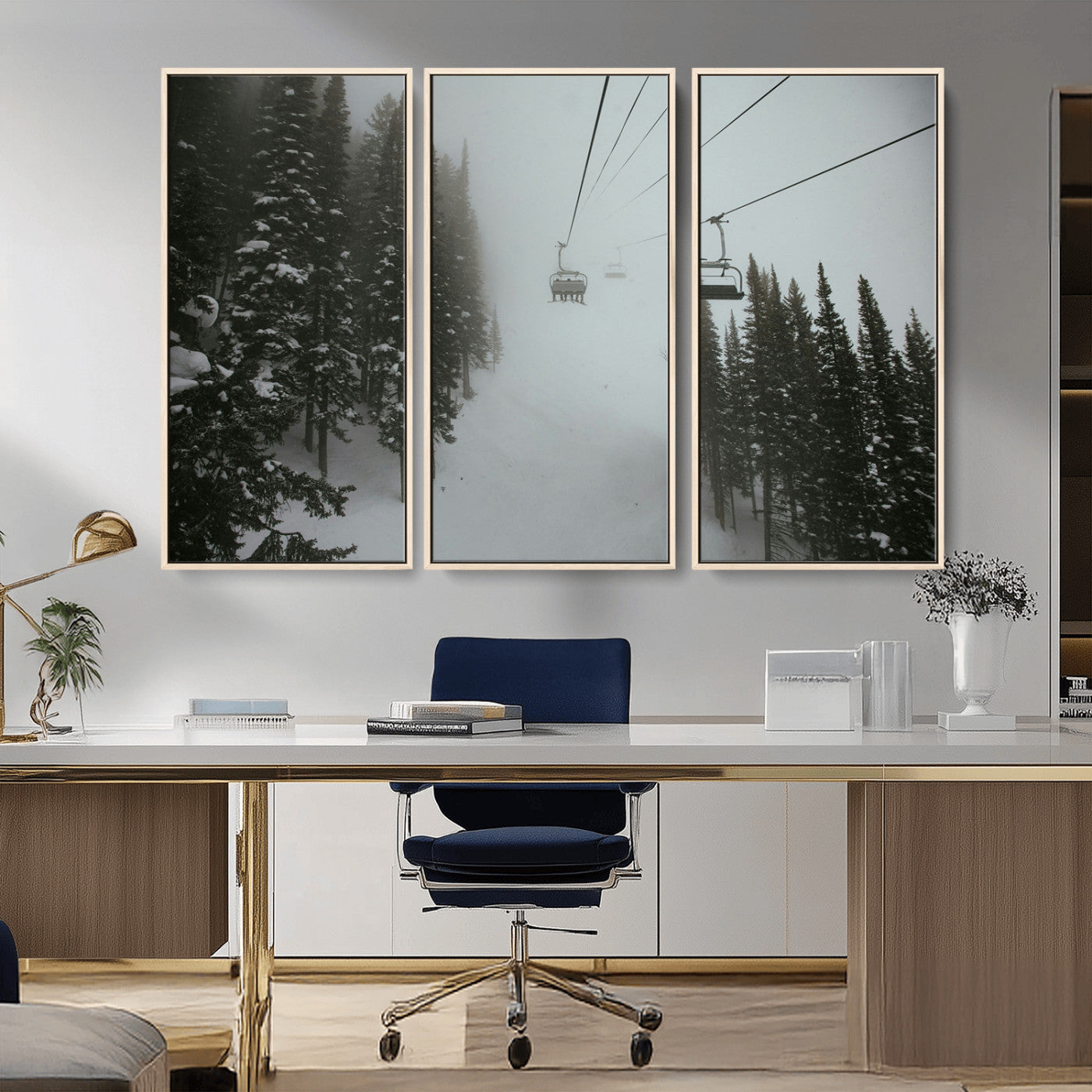 87018452-MGV-CV-36X24-Ski Lift Wall Art Canvas Print – Snowy Pines Misty Landscape Winter Serenity Artwork for Home, Office Decor
