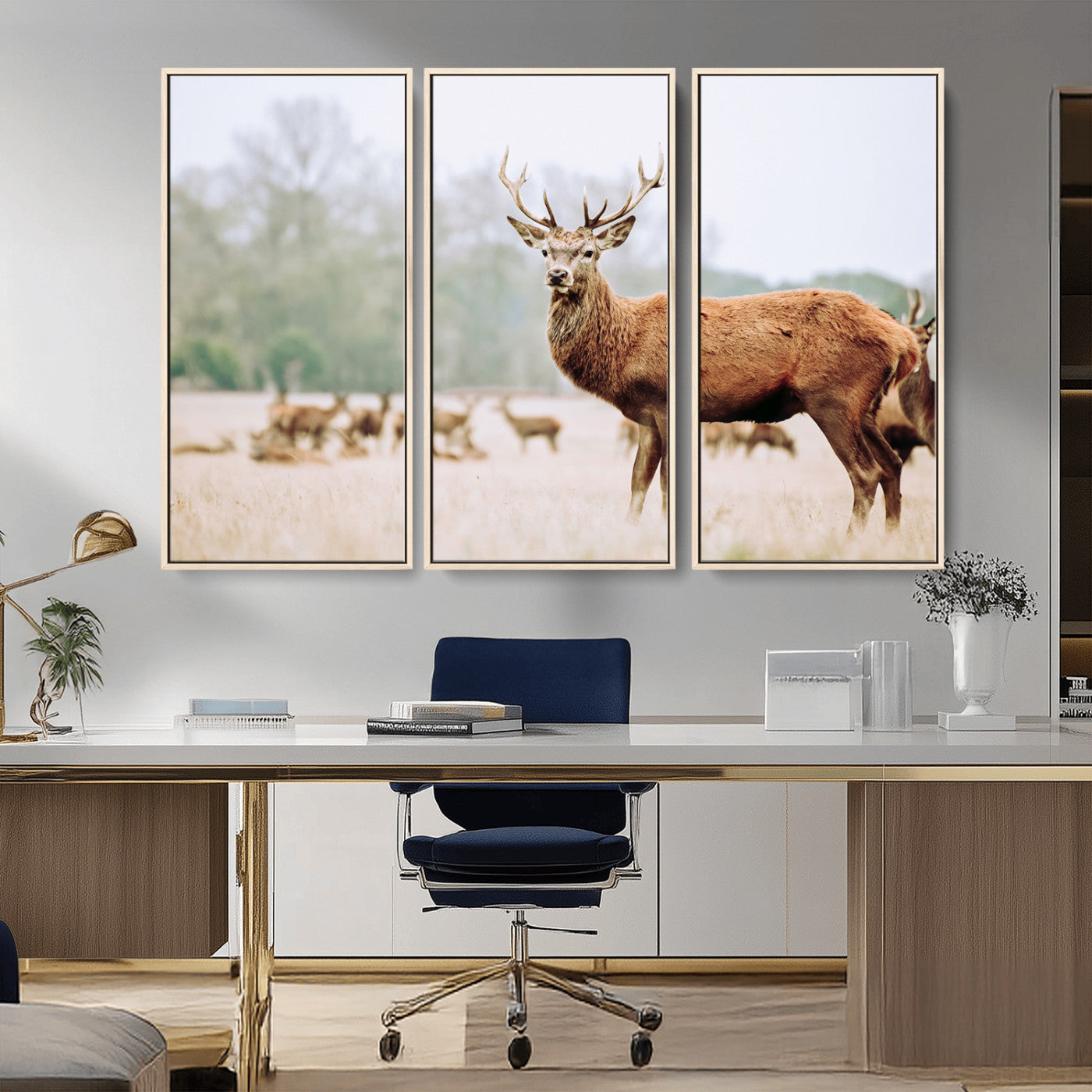53240224-MGV-FC-48X32-3P_Natural-Rustic Deer Wall Art Canvas Print – Forest Woodland Stag Nordic Animal Scenic Nature Artwork for Home, Cabin