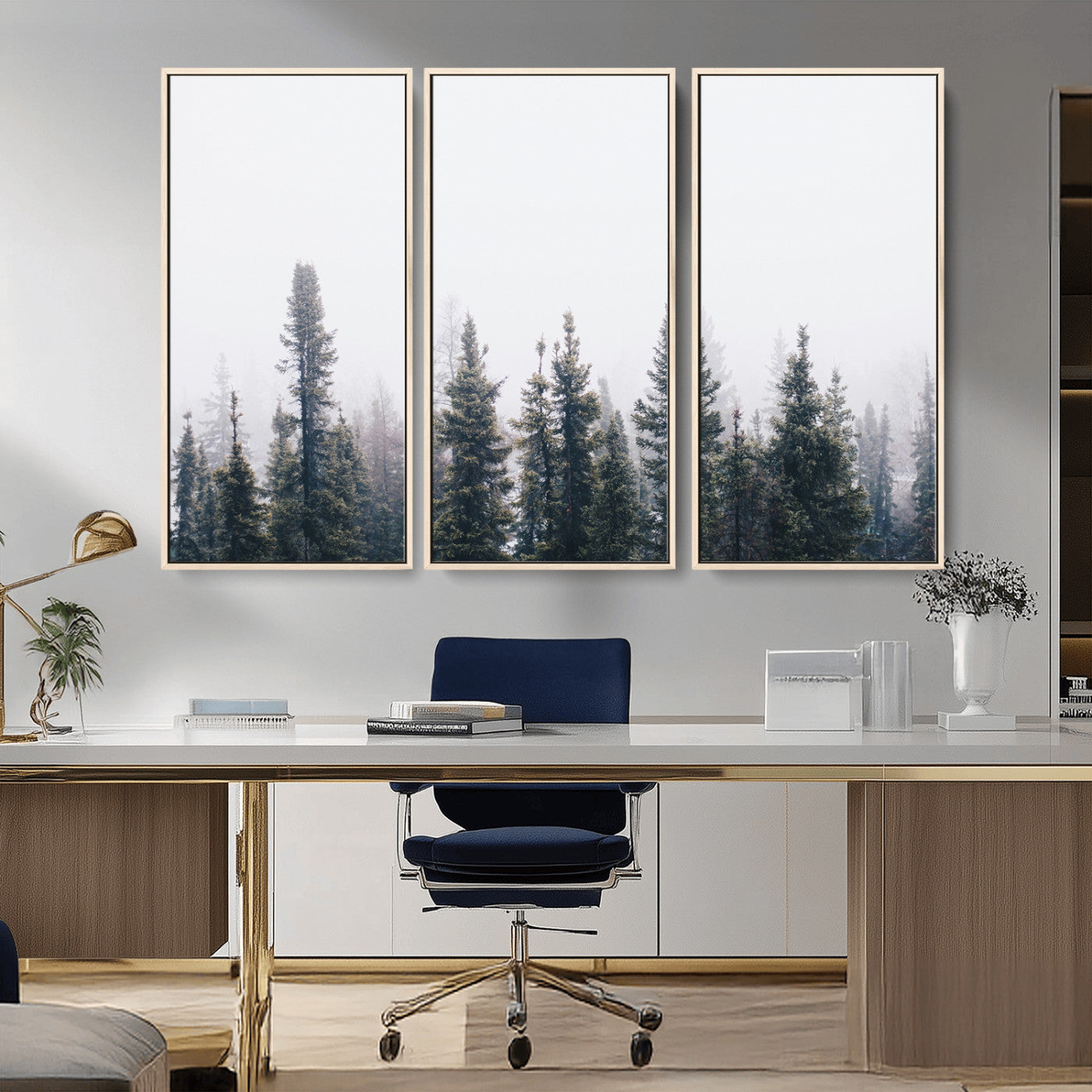 -Foggy Forest Wall Art Canvas Print – Framed Misty Pines Moody Woodland Nature Scene Artwork for Home Office