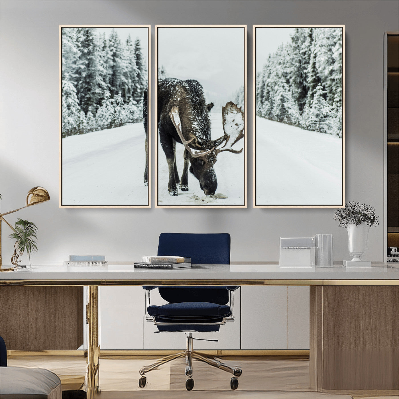 -Moose Snow Wall Art Canvas Print – Framed Winter Wildlife Snowy Forest Nature Scene Artwork for Home, Office, Living Room